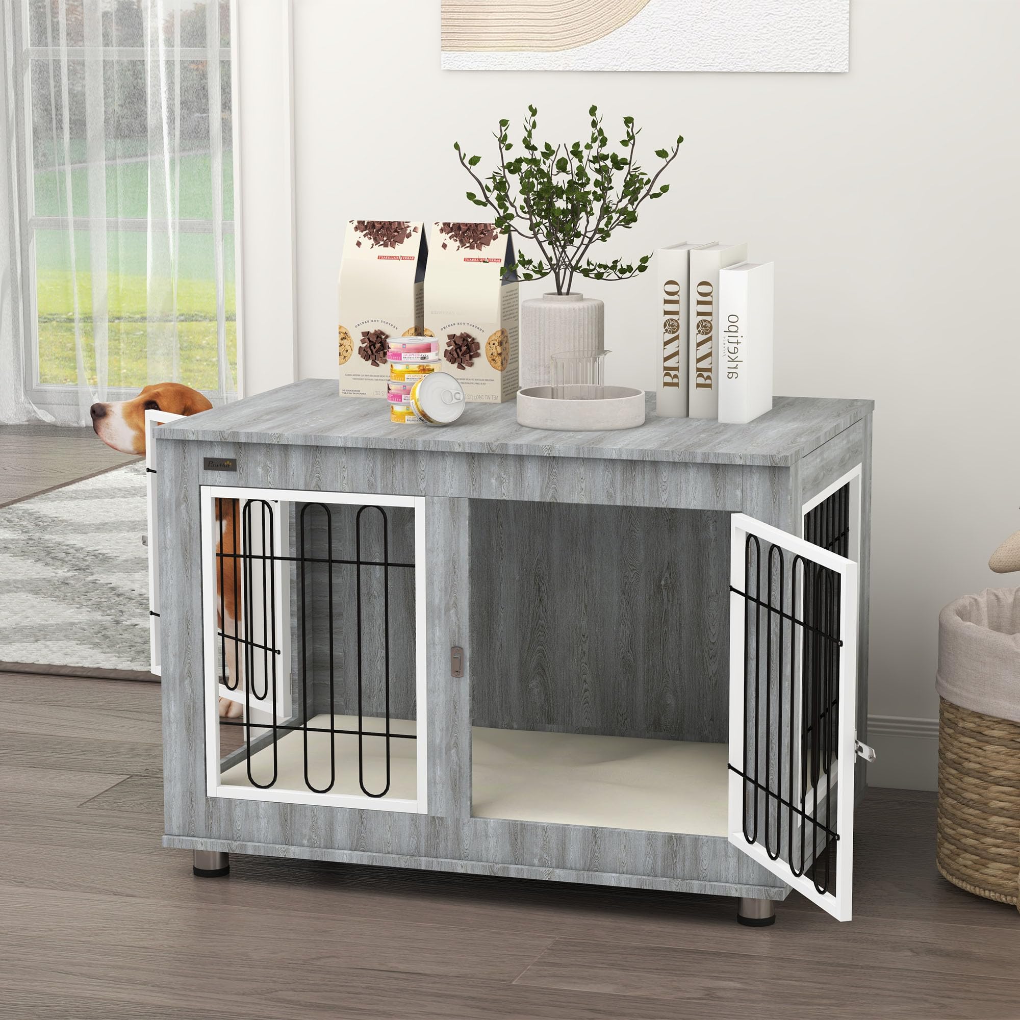 PawHut Cage pour Chien Meuble Cage Chien intérieur Table d'appoint Multi-usages avec Double Porte et Coussin - Niche pour Chien Moyenne et Grande Taille - 90 x 58 x 65 cm, Aspect Gris