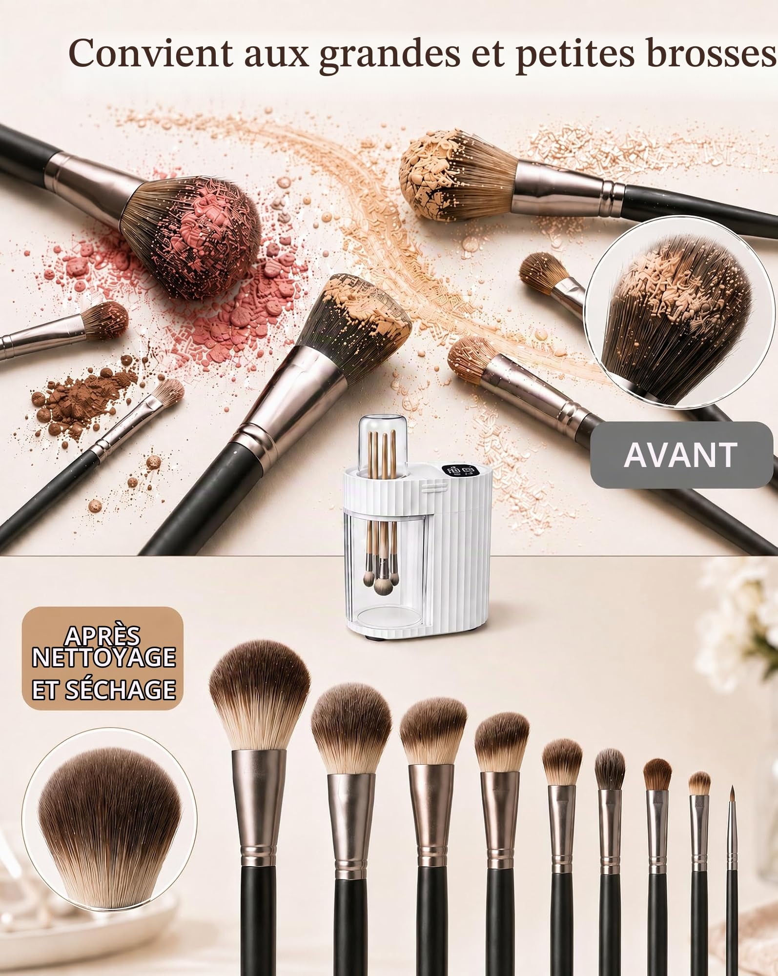 3 en 1 Nettoyeur & Sècheur Pinceaux de Maquillage électrique, Appareil de Nettoyage en Profondeur Automatique avec Connexion USB, Rapides et Portables pour Plupart des Tailles de Pinceaux