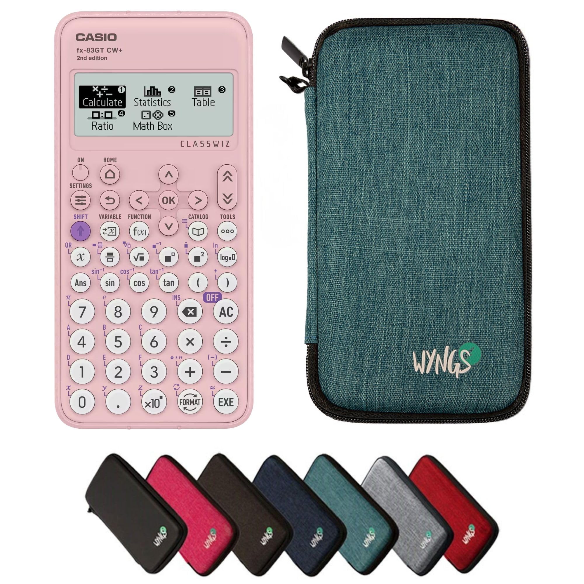 Casio fx-83GTCW+ Pink including a WYNGS protective case in Turquoise - Basic Set