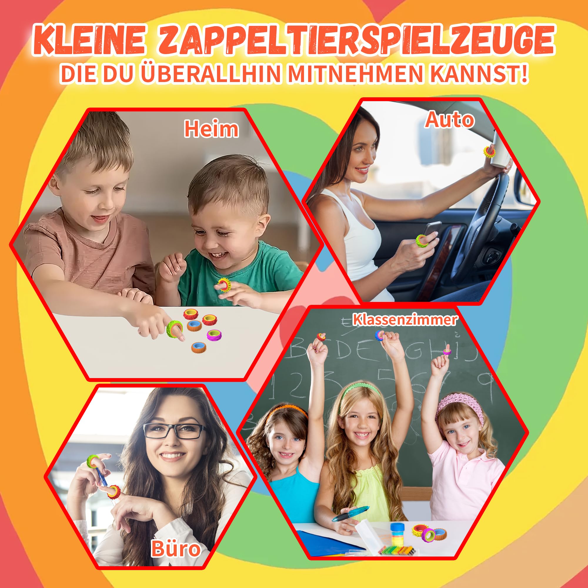 Zestaw 12 zabawek Fidget Ring dla dzieci i dorosłych, silikonowe pierścienie antystresowe, Fidget Spinner do pomocy przy ADHD, do akupresury, zabawki autystyczne, pierścienie do masażu palców