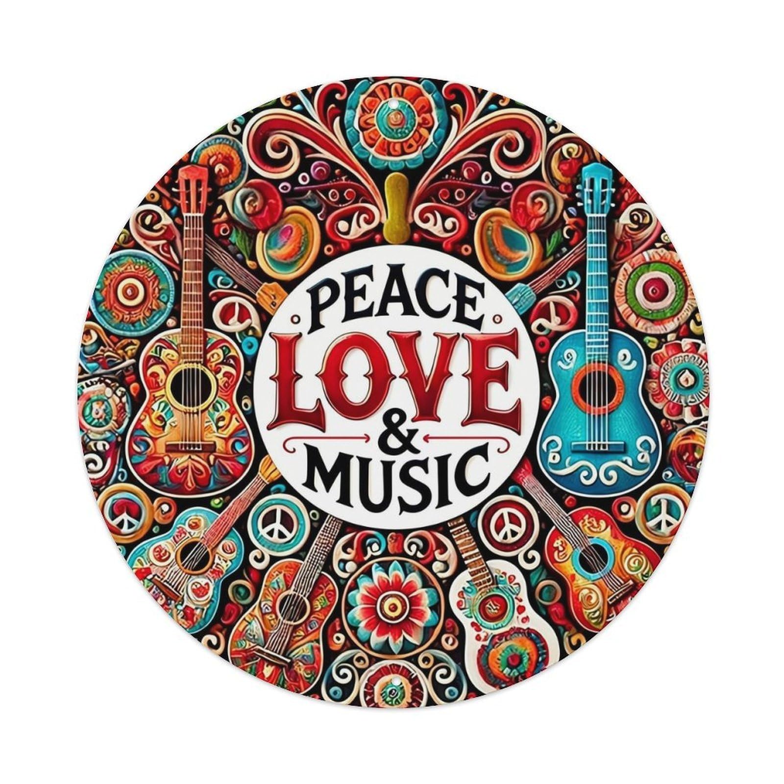 Colorful Guitar Peace Love Music Round Metal Tin Sign Vintage Wall Decor, Bar Garage Cafe Kitchen Home Wall Art Poster 8x8inches