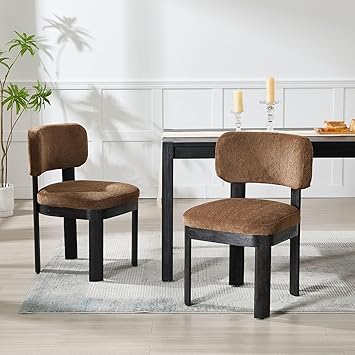 Wahson Brown Upholstered Dining Chairs Set of 2, Mid Century Modern Fabric Dining Room Chairs with Hardwood Legs and Padded Back, Farmhouse Kitchen Chair Cozy Accent Chair
