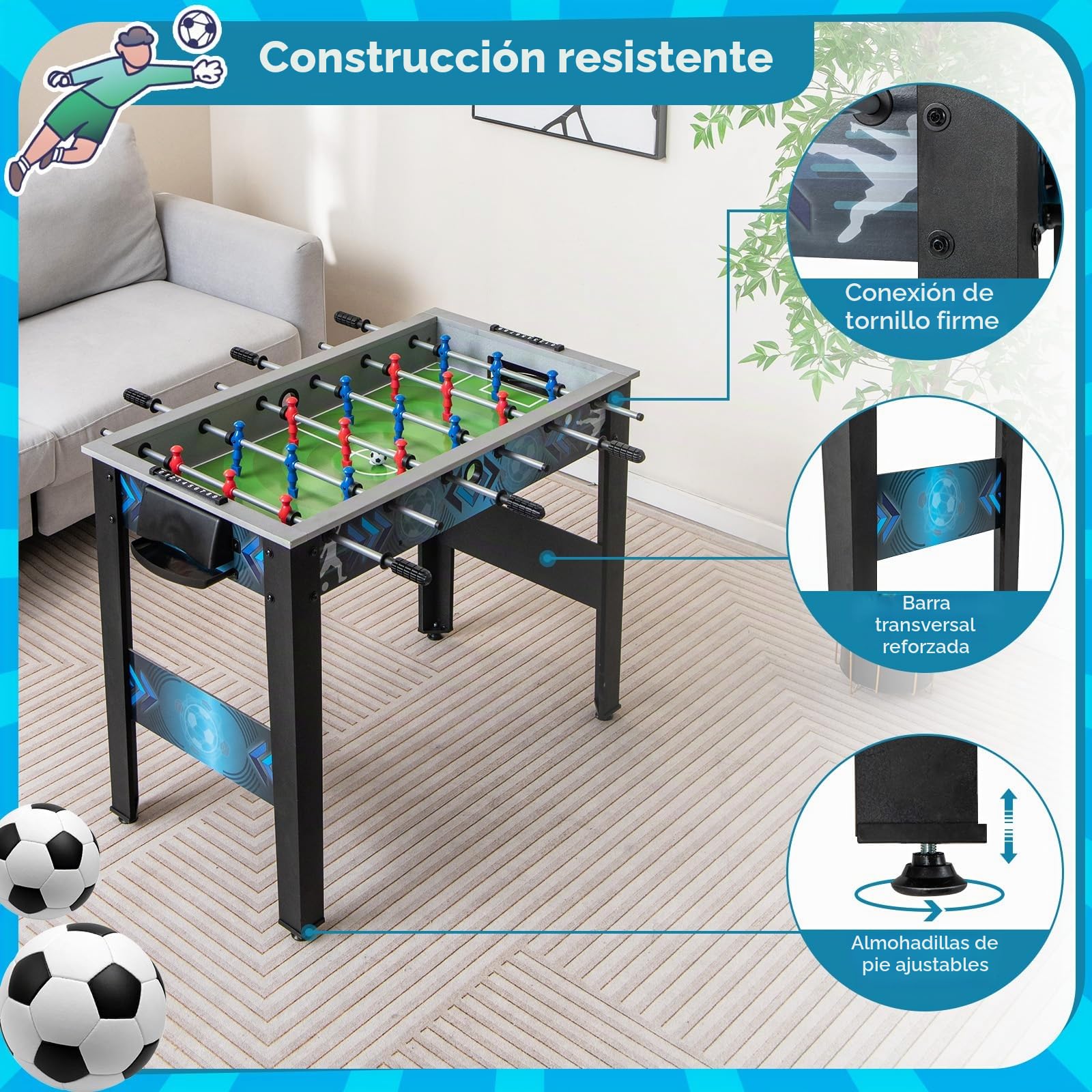 HOMASIS Fútbolin de Madera Profesional para Niños y Adultos, Mesa Multijuegos con 18 Jugadores Realistas, Baby-Foot con 2 Globos de Fútbol, 94,5x53,5x76,5cm, Juguetes de Familia para Casa