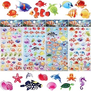 TIESOME Stickers poissons pour enfants, 3D mousse sous la mer Stickers animaux de l'océan pour l'artisanat Créatures de la mer avec assortiment de petits animaux de la mer4 feuilles(couleur océan)