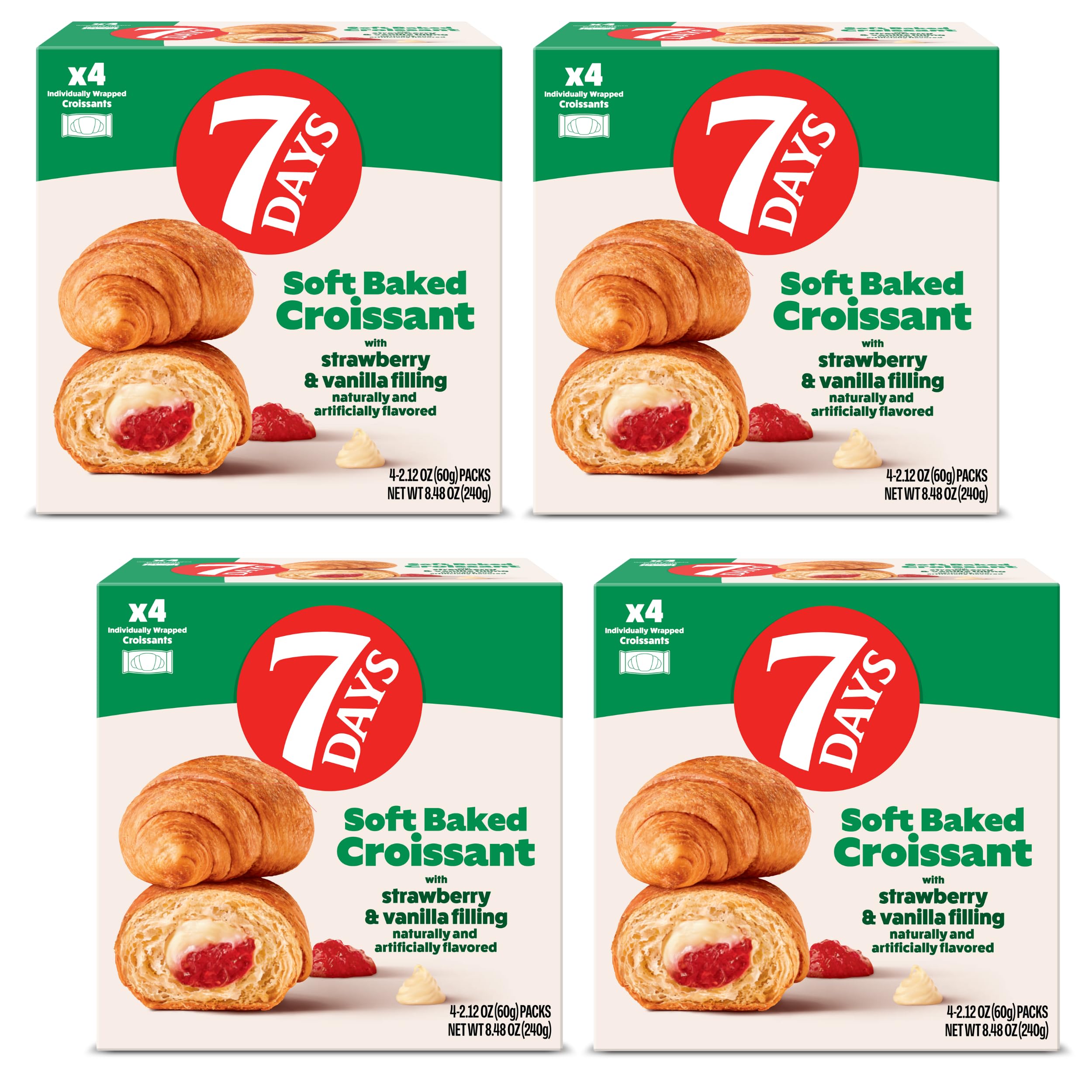 7Days Soft Croissant Multipacks (16 Pack), Strawberry Vanilla, 4 Boxes, Non-GMO Breakfast Pastry (2.12oz, Pack of 16)
