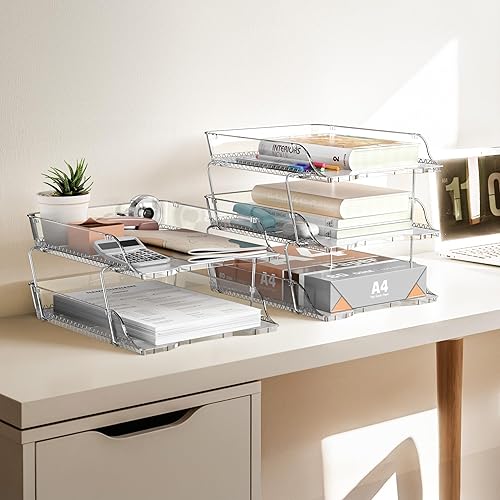 Miniatura 4 de Simple Houseware Organizador de bandejas de cartas apilables transparentes de 2 niveles, soporte de archivos de escritorio para papel tamaño