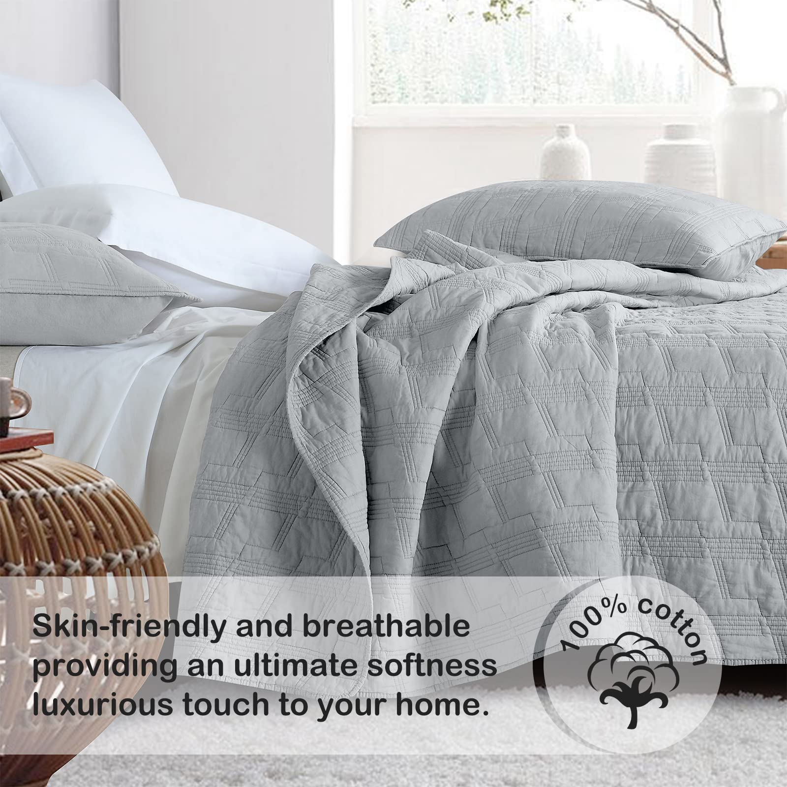 100% Cotton Quilt Set Queen Size, Light Grey Pre-washed 3 Piece Bedspread Coverlet Set, Cozy Lightweight Stitching Decorative Bedding Cover with 2 Shams in Geometric Pattern Rustic Look for All Season