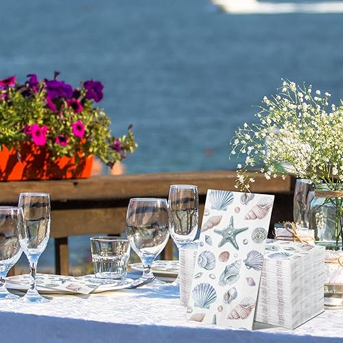 Miniatura 6 de Funrous 200 servilletas de conchas marinas a granel de 3 capas de verano para invitados, servilletas de mano con mar y océano, servilletas costeras