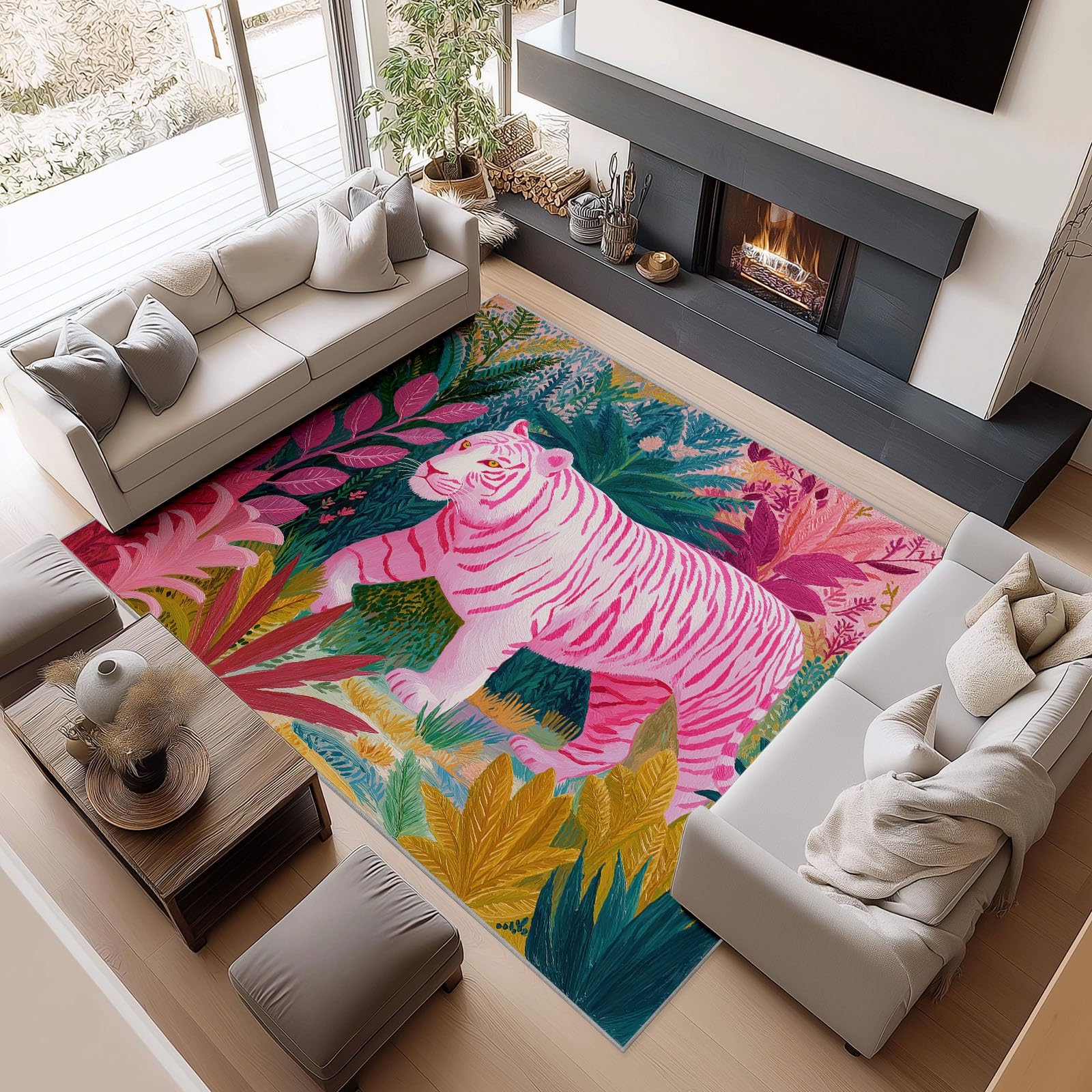 Tapis Salon Lavable Animaux des Prairies Tigre 80x150cm Tapis Chambre Poils Courts Doux Antidérapant pour Salon, Entrée, Chambre et Chambre Bébé