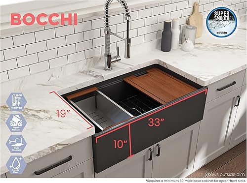 Miniatura 3 de BOCCHI Contempo - Delantal para estación de trabajo, con borde delantero, arcilla refractaria de 33 pulgadas, fregadero de cocina de un solo tazón