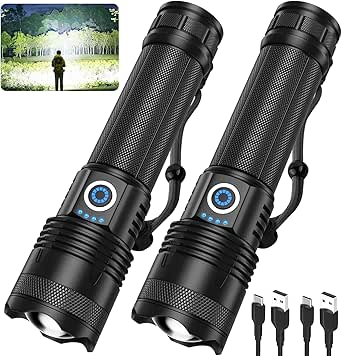 AMZGOGO Rechargeable Flashlights High Lumens, 2 Pack 900000 Lumens Super Bright LED Flashlight, 5 Modes & Adjustable IPX6 Waterproof USB Cable Work 12h, Powerful Flash Light for Camping Hiking
