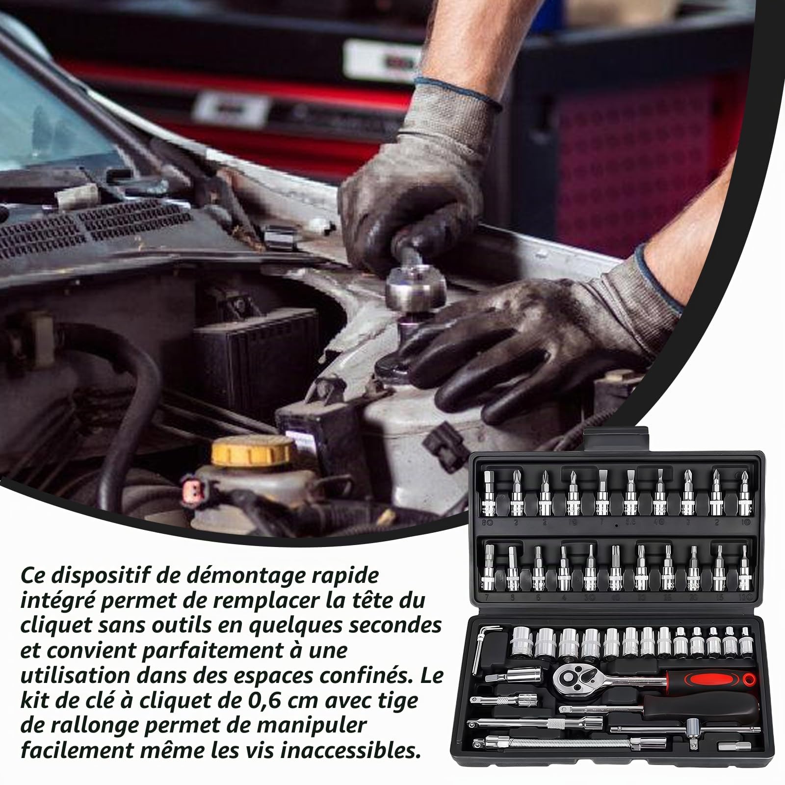 Coffret de clés à cliquet 46 pièces Petit : Cliquet à changement rapide à serrage rapide, clés à douille en acier Cr-V avec cliquet à changement rapide de 6,35 mm, jeu de douilles, pour