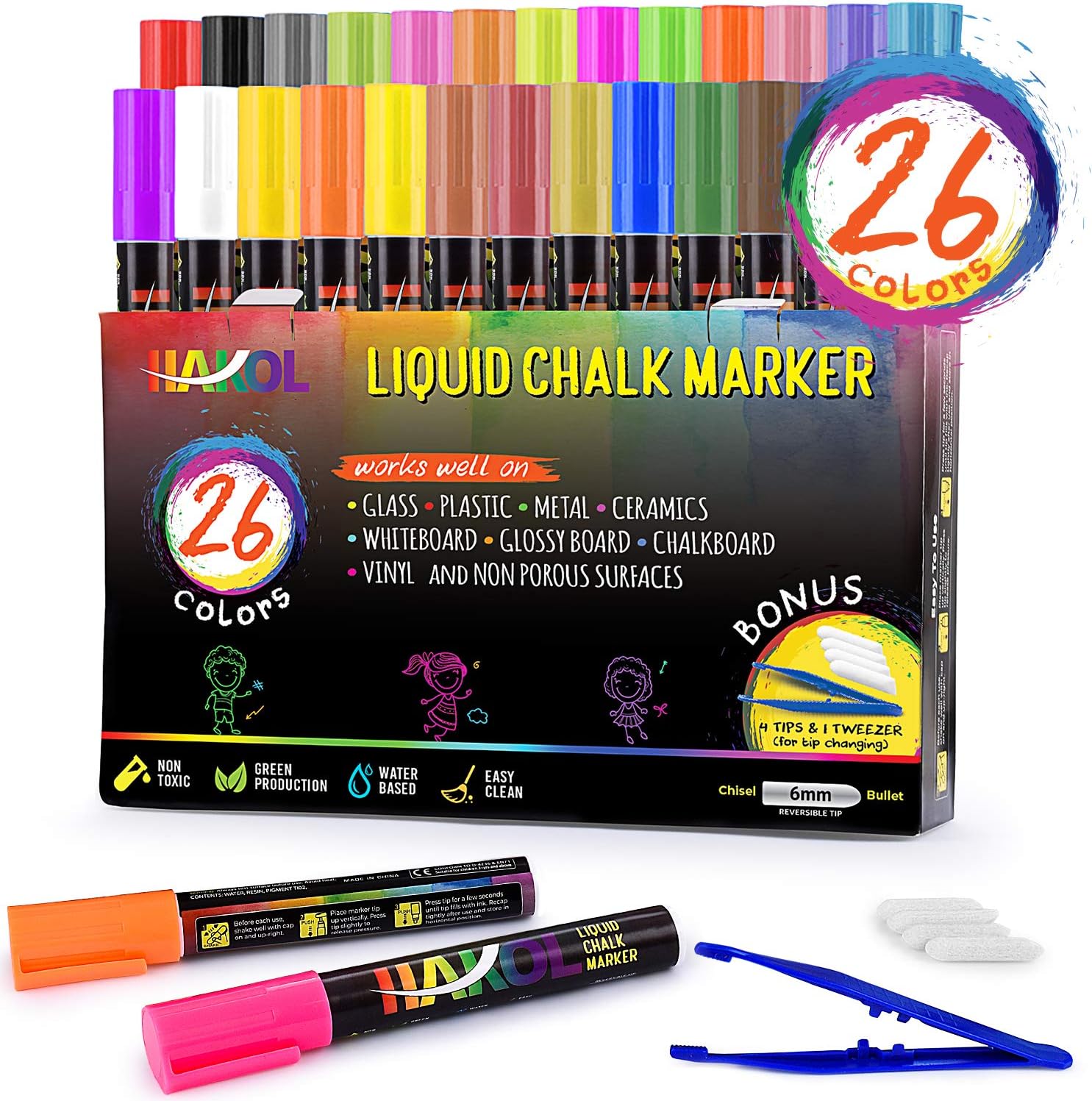 Liquid Chalk Markers [Set Of 26] | Great For Non-Porous Surfaces, Chalkboards, Whiteboards, Windows, Glass, Bistro & More| Reversible Tips Included | Erasable Pen Non-Toxic Water-Based Coloring Pens
