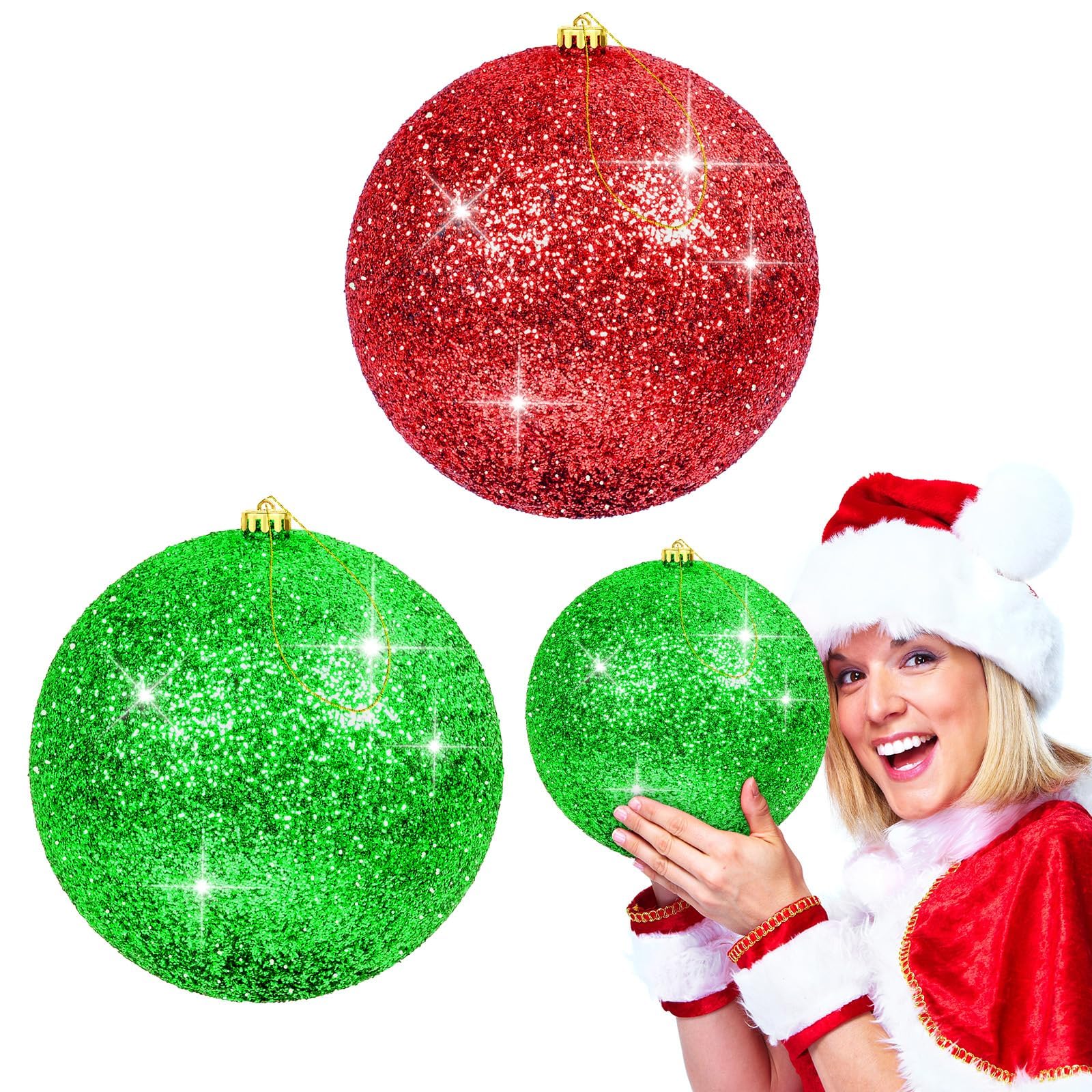 2Pack Christmas Balls Xmas Ball Tree Hanging Ornaments Glitter Christmas Ball for Christmas Tree Party Wedding Indoor Outdoor Holiday Decoration (Red,Green, 8inch-2pcs)