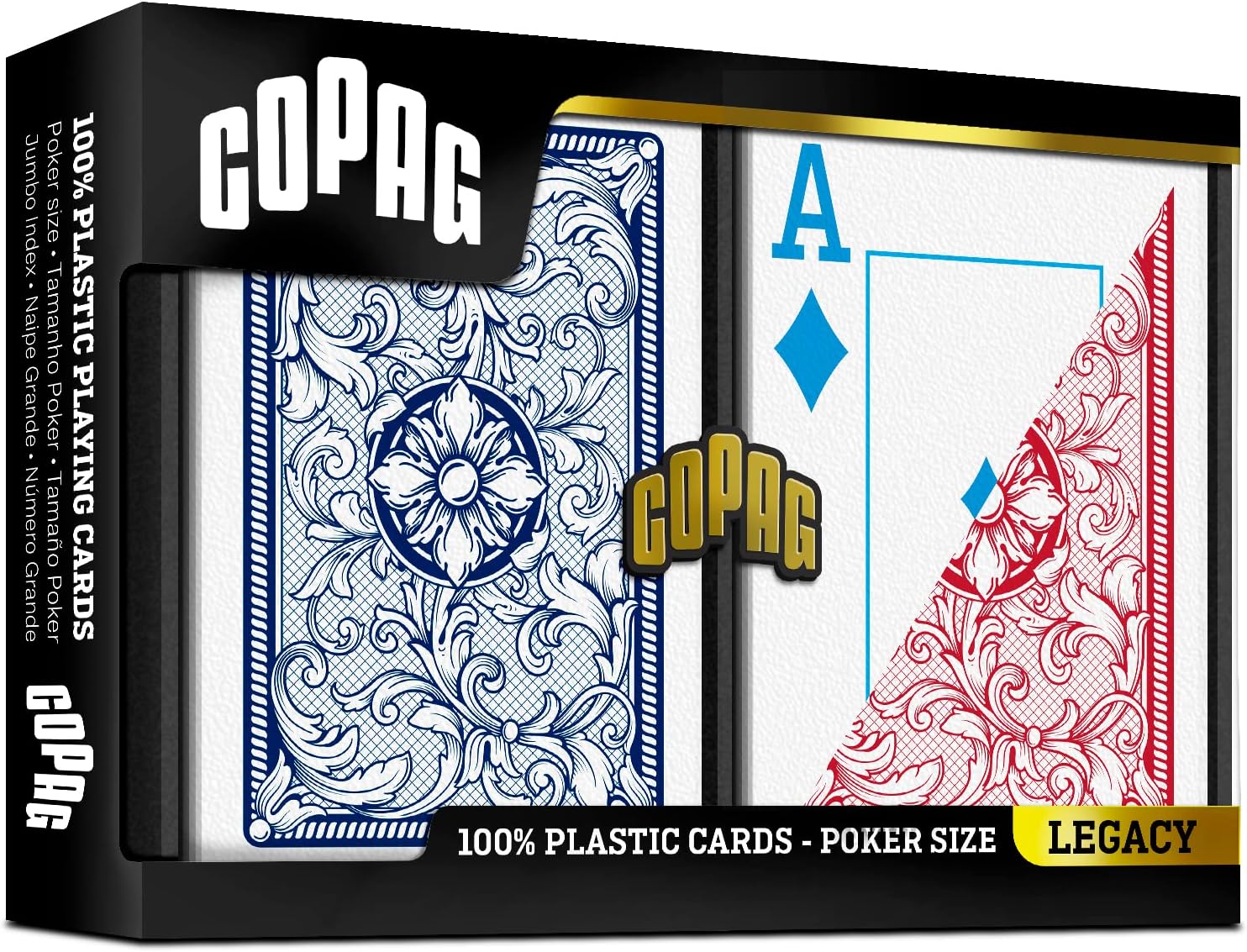 Copag *4-Color Faces* Legacy Design 100% Plastic Playing Cards, Poker Size (Standard) Jumbo Index Red/Blue Double Deck Set