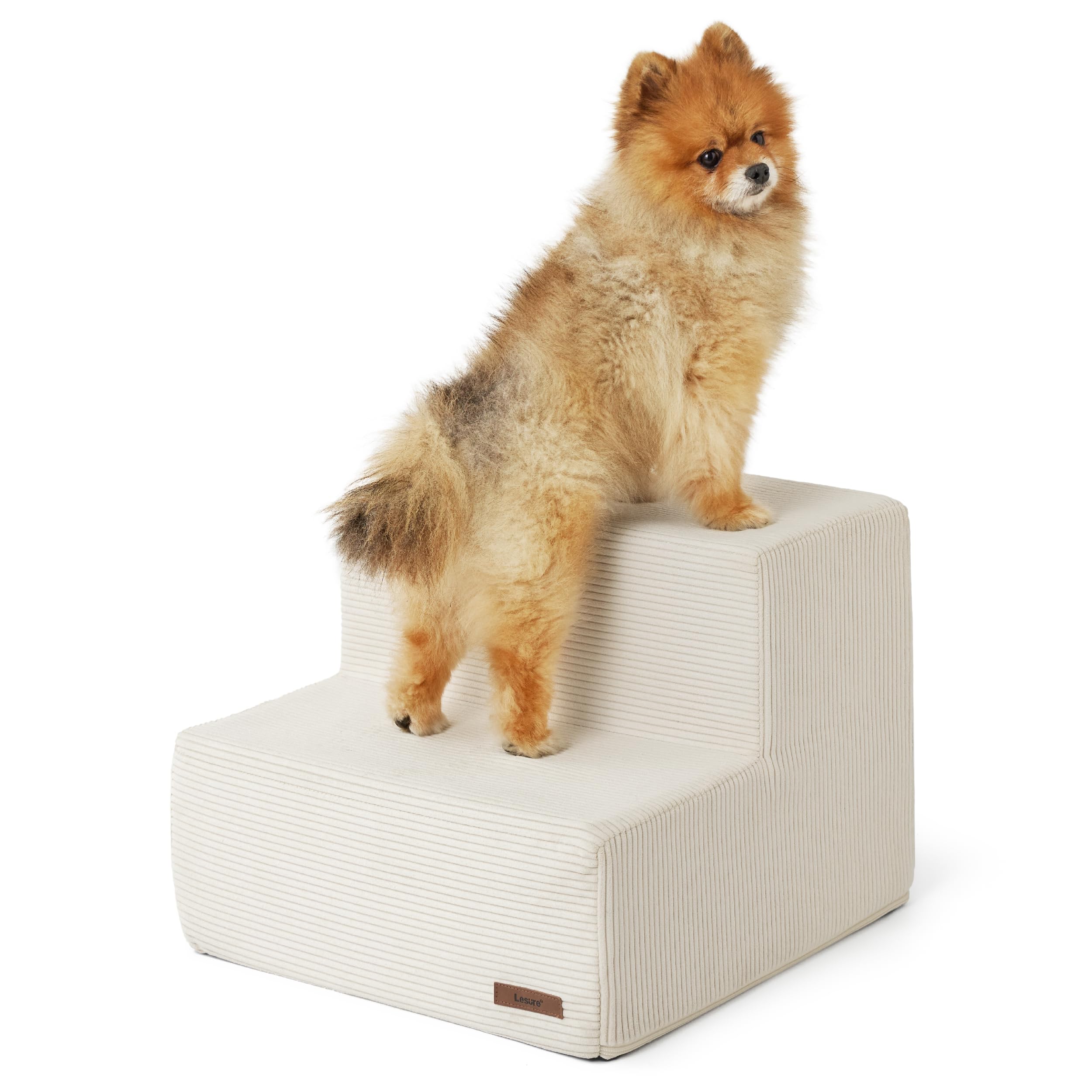 Lesure Dog Stairs for High Beds, Extra Wide Pet Stairs, 2 Steps Dog Steps for Medium/Small Dogs and Old Cats, Foldable Dog Steps with CertiPUR-US Certified Foam and Non-Slip Bottom, Beige
