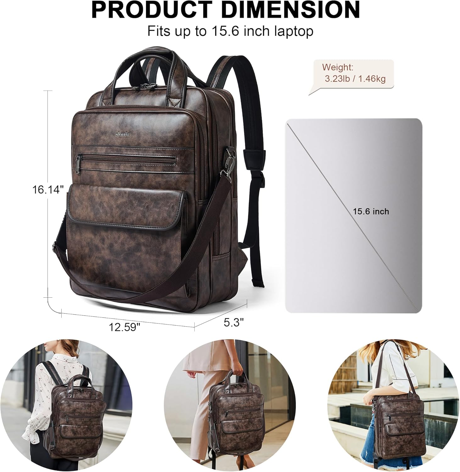 Shrrie Laptop Backpack for Women and Men, 15.6 Inch Vegan Leather Computer Backpack Professional Water-Resistant Casual Daypack for Work Business College Travel Office,Two-toned Coffee - Image 6
