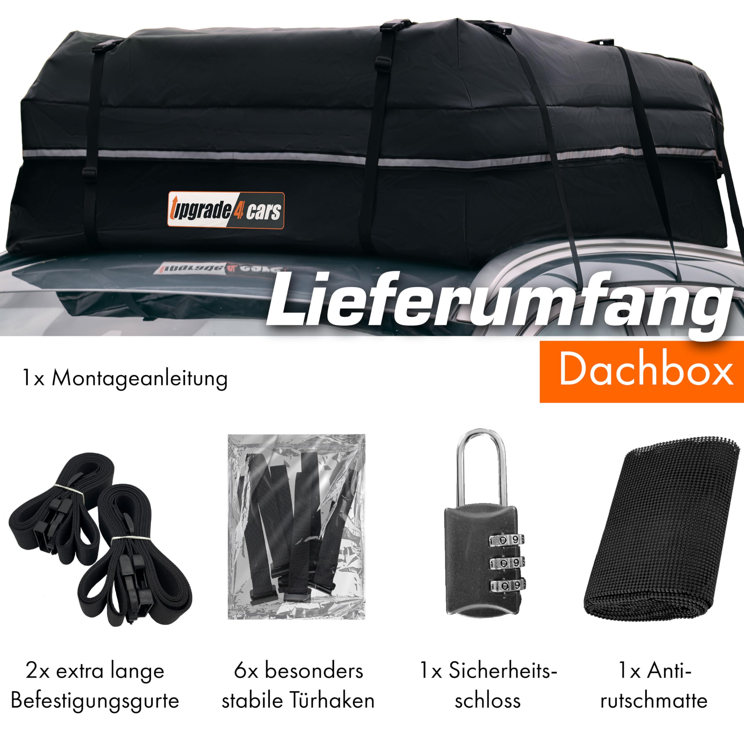 Upgrade4cars Auto Dachbox mit Träger Set | Dachgepäckträger 566 Liter ohne Reling Inkl. Zubehör | Dachkoffer Universal 130 x 110 x 40 cm | Autozubehör Geschenke für Frauen Männer