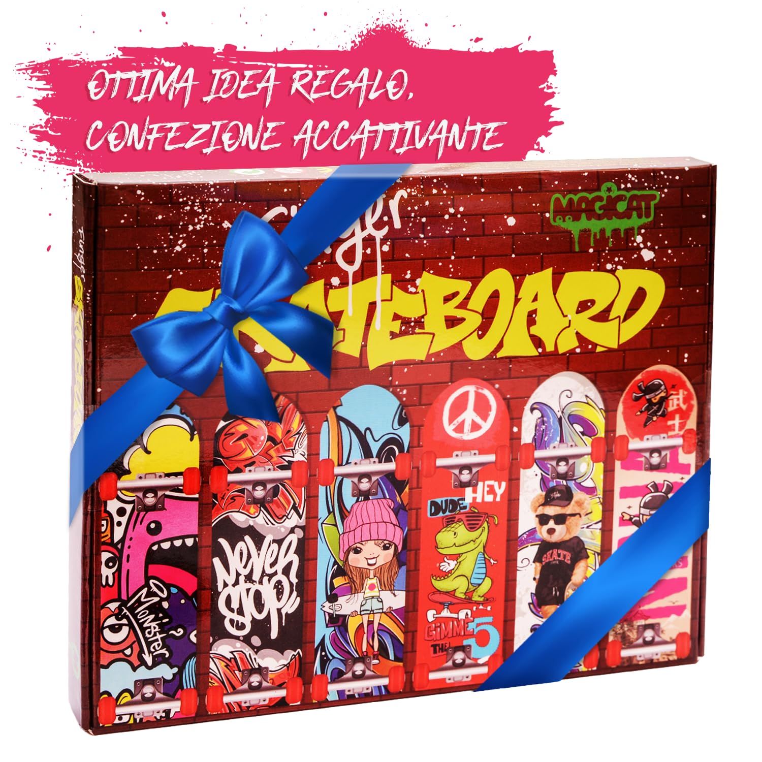 Magicat Set di 12 Mini Skateboard da Dita I 9,5 x 2,6 cm I Fingerboard Professionali in Plastica Dura con Carrelli in Lega I Gadget Compleanno Bambini 3+ Anni I Regalini Fine Festa