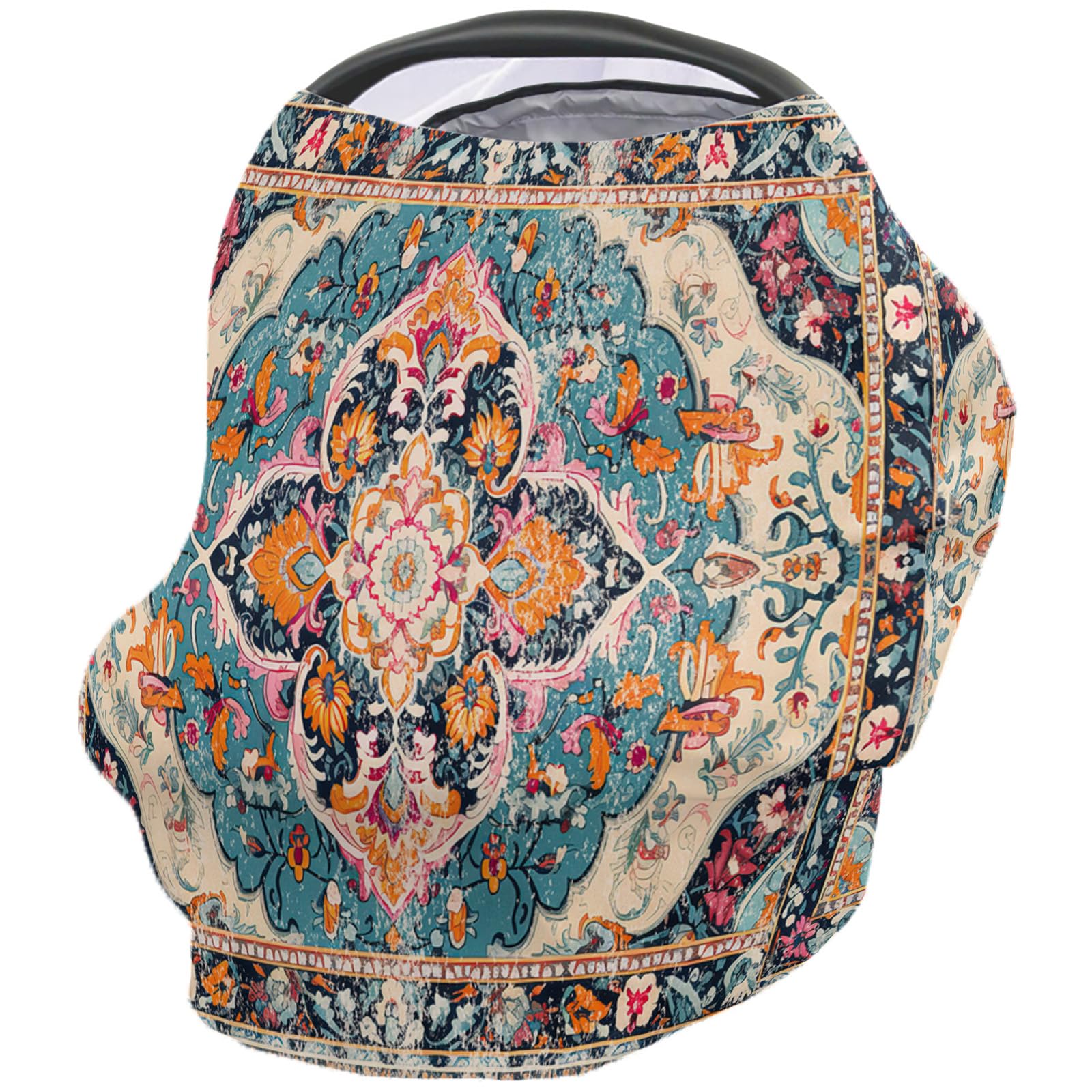 Nursing Cover for Breastfeeding Scarf, Orange Blue Pink Floral Textured Boho Oriental Vintage Baby Car Covers Super Soft Multi Use for Canopy Shopping Cart Cover Blanket Stroller Cover
