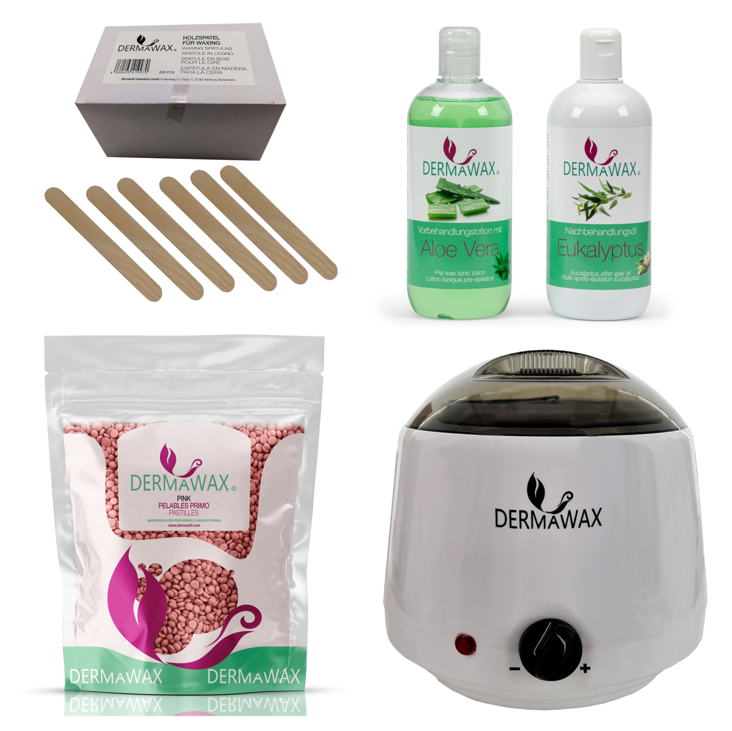 Dermawax Kit de cire professionnel - 1000 ml - Fabriqué en Espagne - 1 kg de perles de cire rose - Lotion prétraitante à l'aloe vera 500 ml - Huile de post-traitement à l'eucalyptus - 200 spatules en