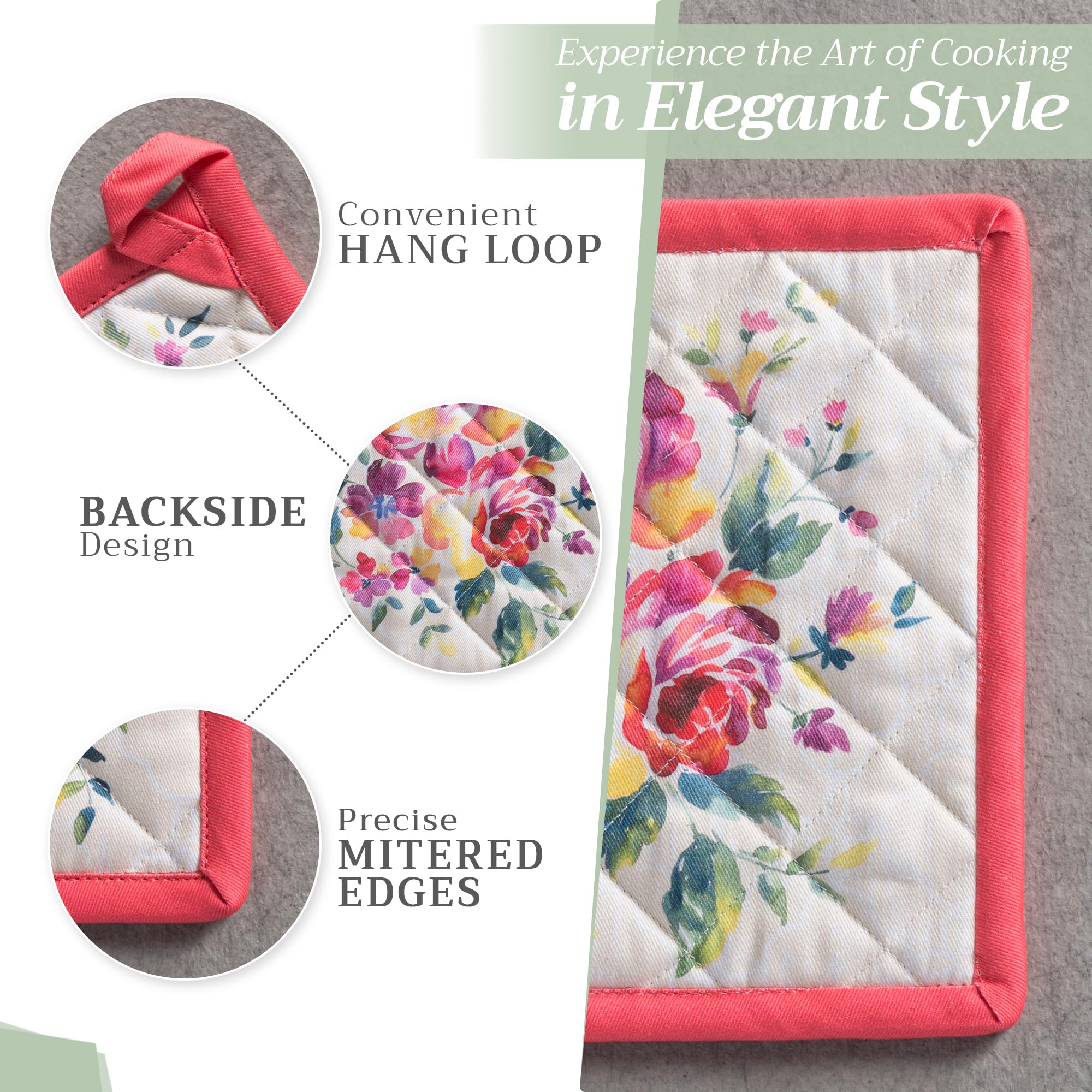 Maison D'Hermine Ensemble Gant Et Manique De Cuisine – Rose Garden – 100% Coton Matelassé – Motif Floral Printemps
