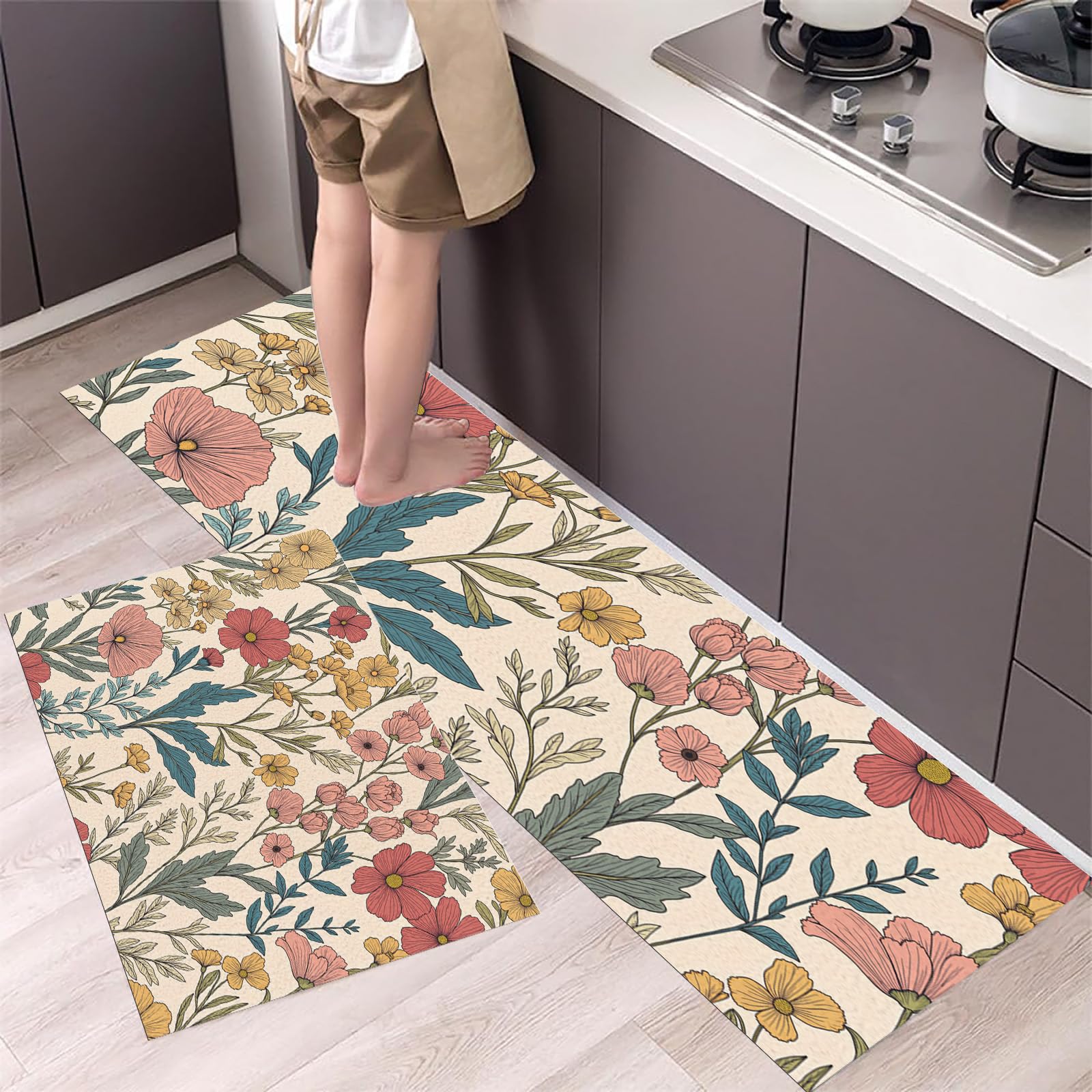 Kitchen Rug Set 2 Piece,Vintage Botanical Floral Illustrations Non Slip Washable Kitchen Mat, Wildflowers Home Decoration Floor Mats For Dining Room Corridors, 50×80Cm+50×120Cm