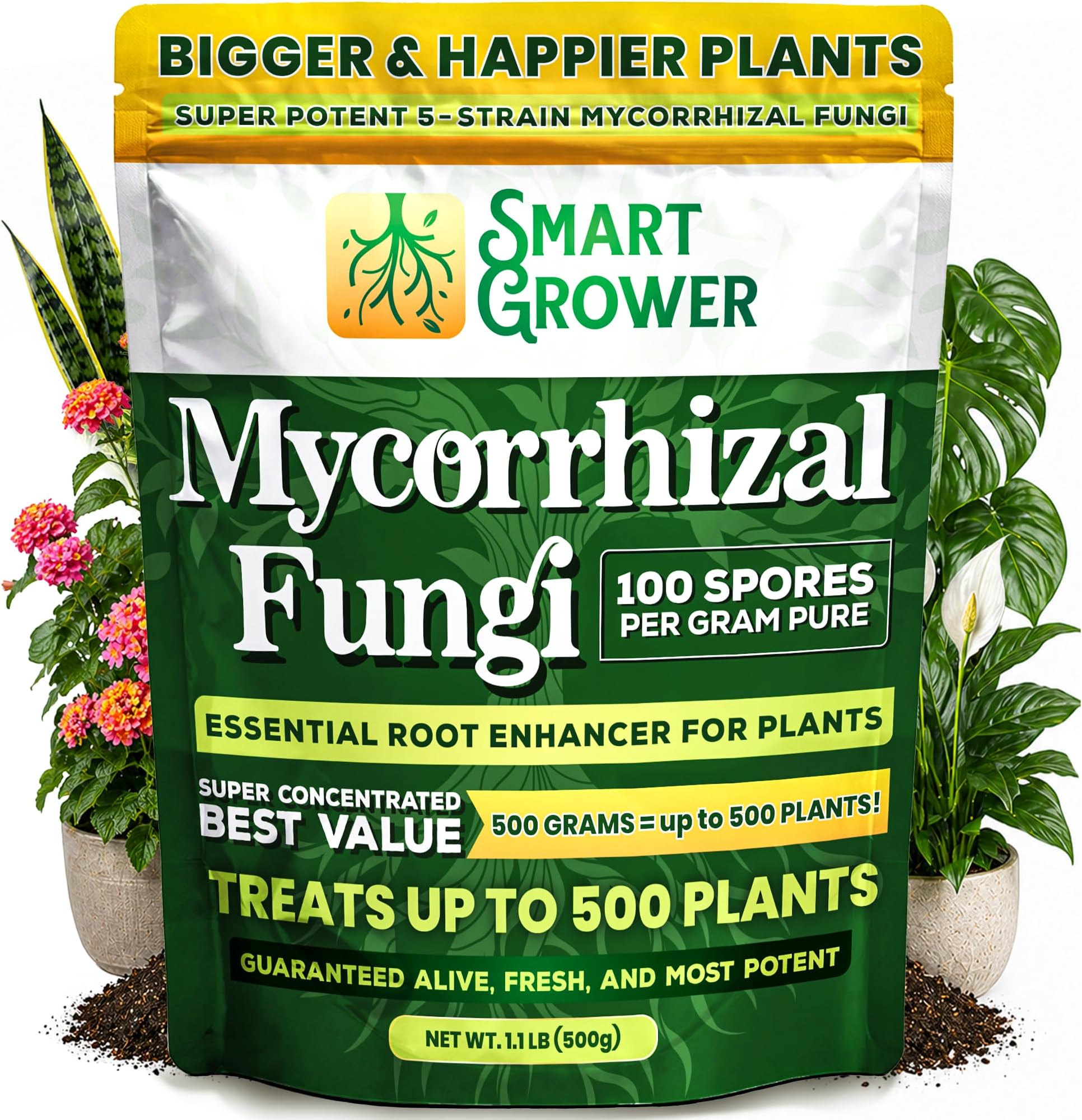Mycorrhizal Fungi Organic Root Enhancer for Plants, Super Potent 100 Spores Per Gram, 5-Strain Blend, Rapid Results for Gardens, Houseplants, Lawns, Mycorrhizae Smart Grower 500 Grams for 500 Plants