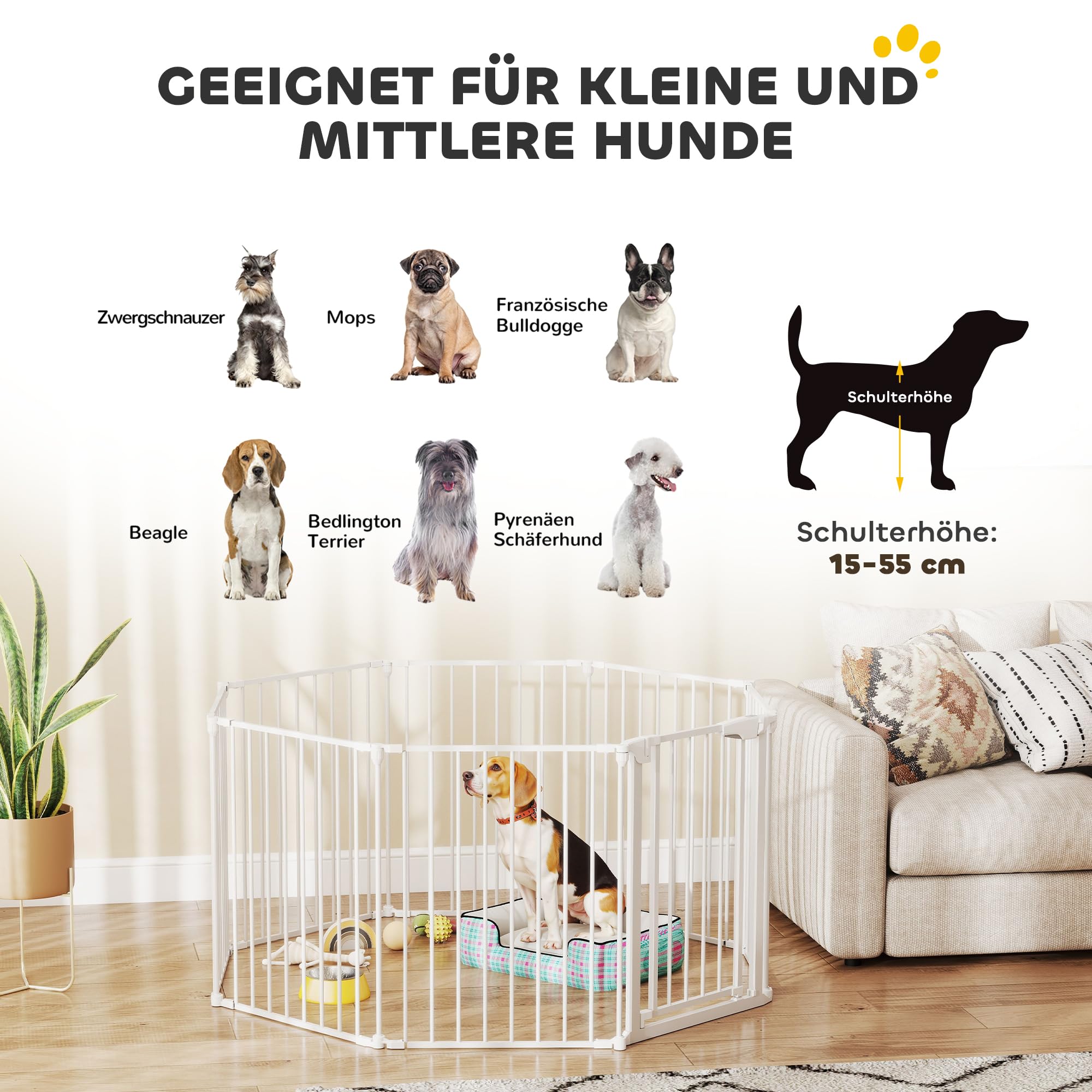 PawHut Welpenauslauf, 8-teilig Welpenlaufstall mit Tür, faltbar Laufstall Baby mit Doppelverriegelungssystem, 61x75cm Hundelaufstall für drinnen und draußen, für Kinder kleine mittelgroße Hunde Weiß