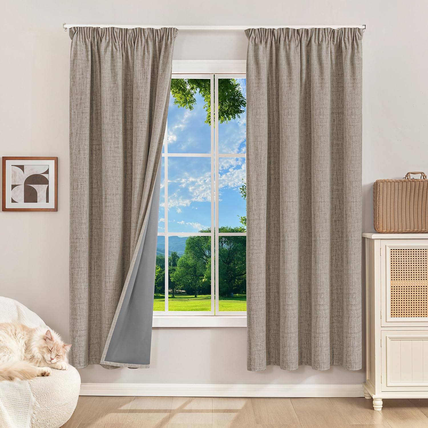 Runyéla 100% Blackout Curtains Pencil Pleat Linen Curtain for Bedroom Living Room Thermal Insulated 52 x 63 Inch Drop 2 Panels Linen
