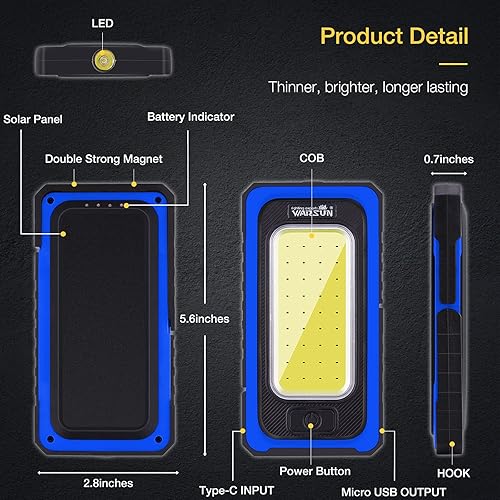 Vista 27 de WARSUN Luz de inundación solar LED recargable portátil magnética impermeable para acampar al aire libre, senderismo, reparación de automóviles