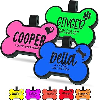 Dog Tag Engraved for Pets Personalized, Durable & Silent Silicone Dog ID Tags w/Deep Engraved 6 Lines of Text - 20 Icons, 14 Fonts, 8 Photoluminescent Colors, Bone Shaped