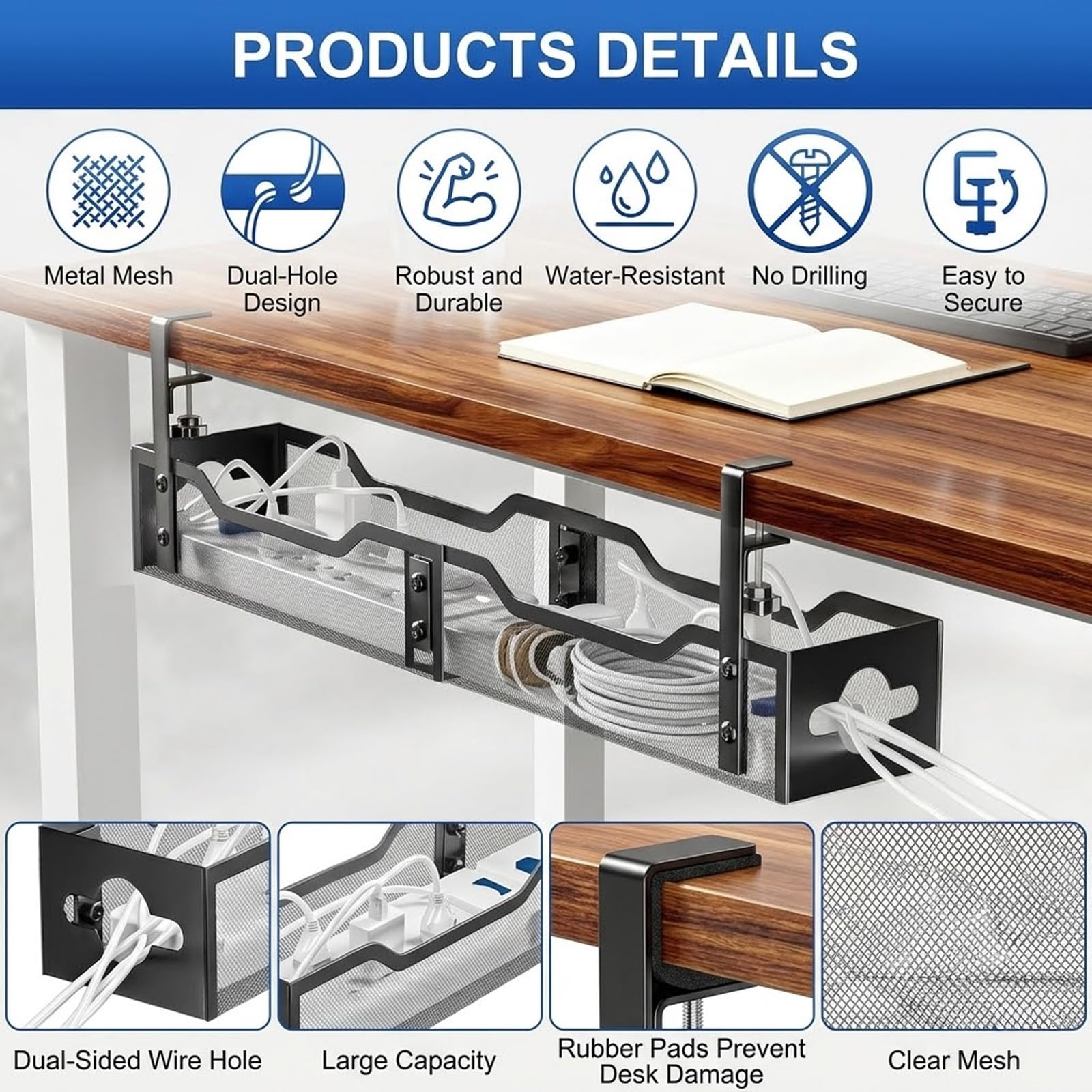 Bandeja de Gestión de Cables para Debajo del Escritorio de Malla de Metal Cesta De Cables de Mesa sin Taladrar con Sistema de Sujeción para Oficina Limpia en Casa