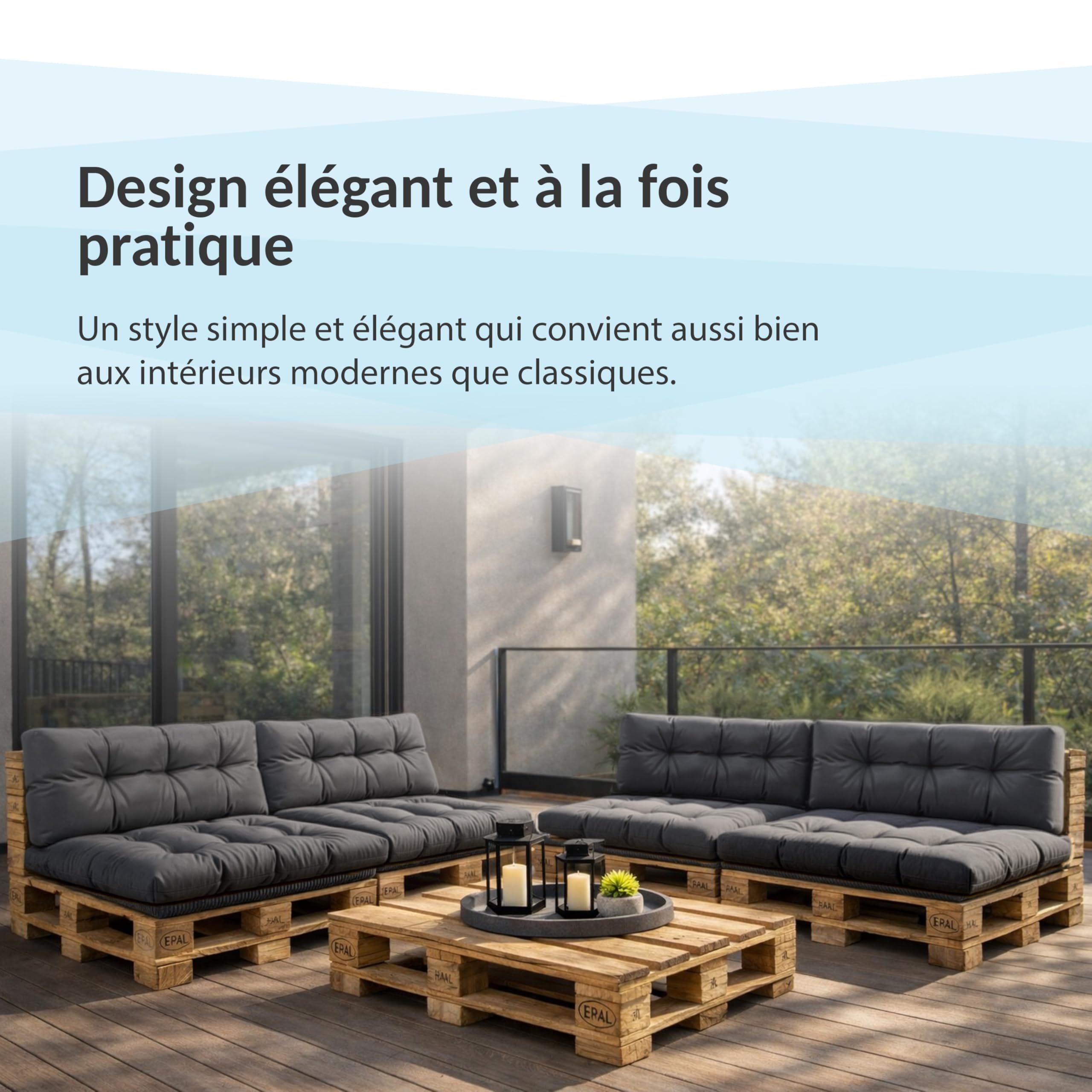POKAR Set de 6 Coussins pour Palettes Euro Imperméable: 2X Assise 120x80cm + 2X Dossier 120x40cm + 1x Dossier 60x40cm + 1x Coussin 40x40cm, Canapé de Jardin, sans Palette, Noir