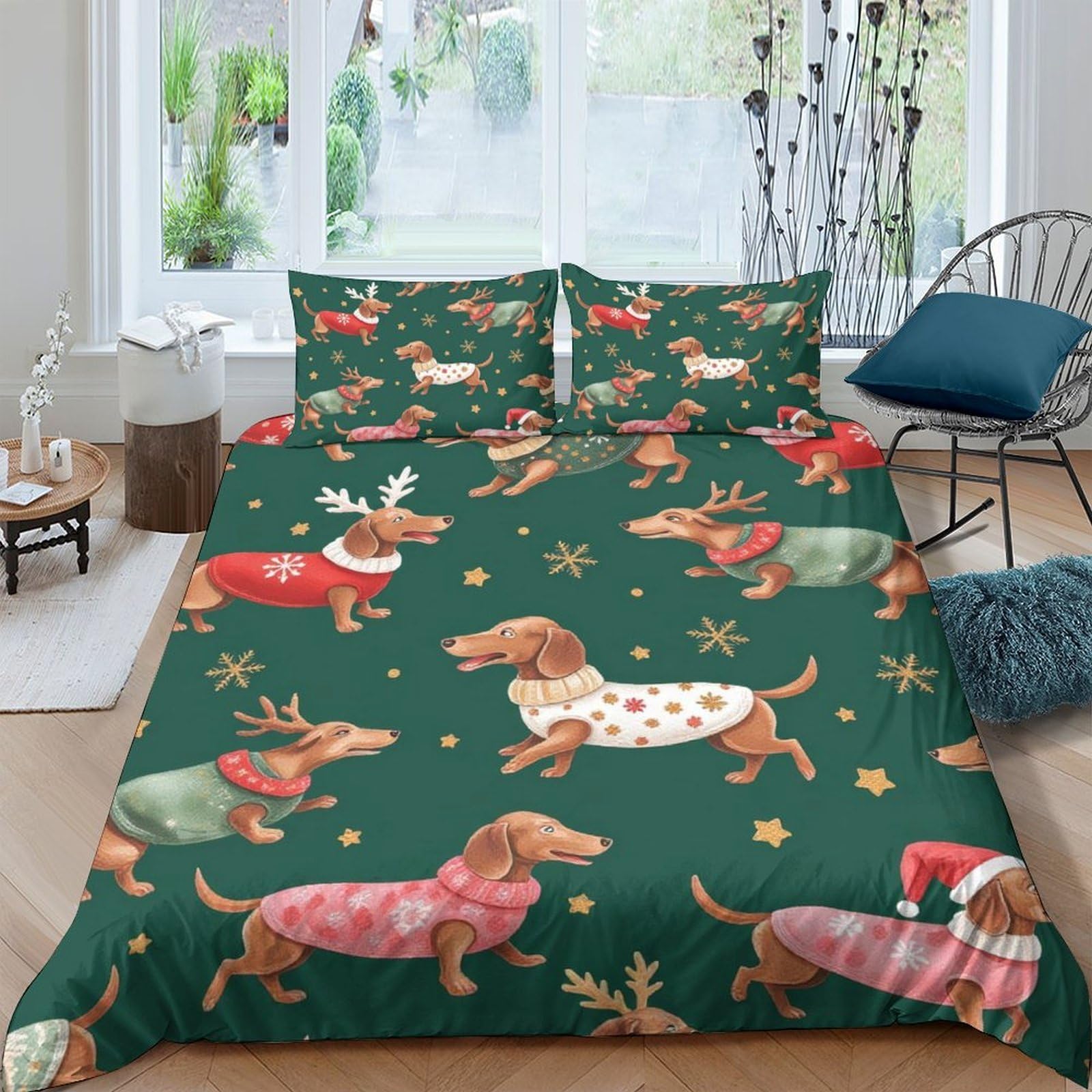 Ctjqhvkz Style-2 3D Printed Dachshund Christmas Fitted Sheet Microfiber Soft Green Dog Bed Cover For Bedroom Guestroom Decor Single（135X200cm）