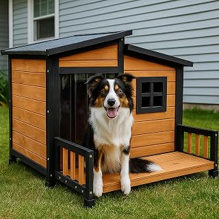 WHEGETED Large Wood Dog House for Small Medium Dogs - Insulated Indoor Outdoor Kennel with Weatherproof Asphalt Roof, Elevated Floor 39x37x30"