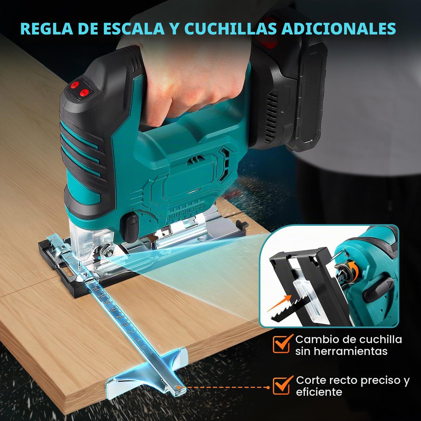 Sierra de calar eléctrica con 3 ajustes orbitales, cortes biselados ajustables a 45°, compatible con baterías de 18 V, para cortar madera y metal (batería no incluida)