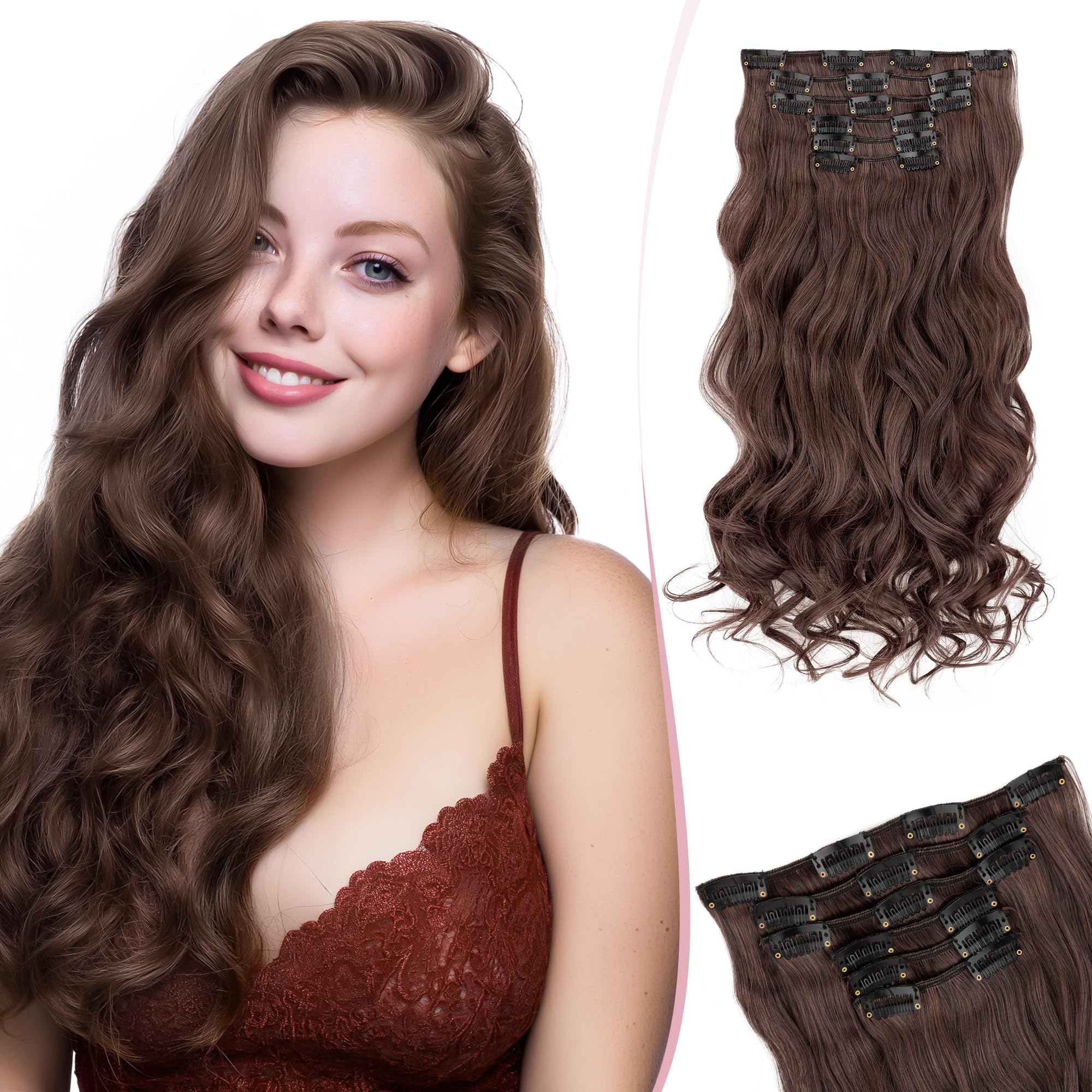 SEGO Clip In Hair Extensions 22 Inch 6PCS Thick Clip In Hair Hairpieces 150g Long Wavy Hair Extension Synthetic Full Head for Women Medium Brown & Dark Brown