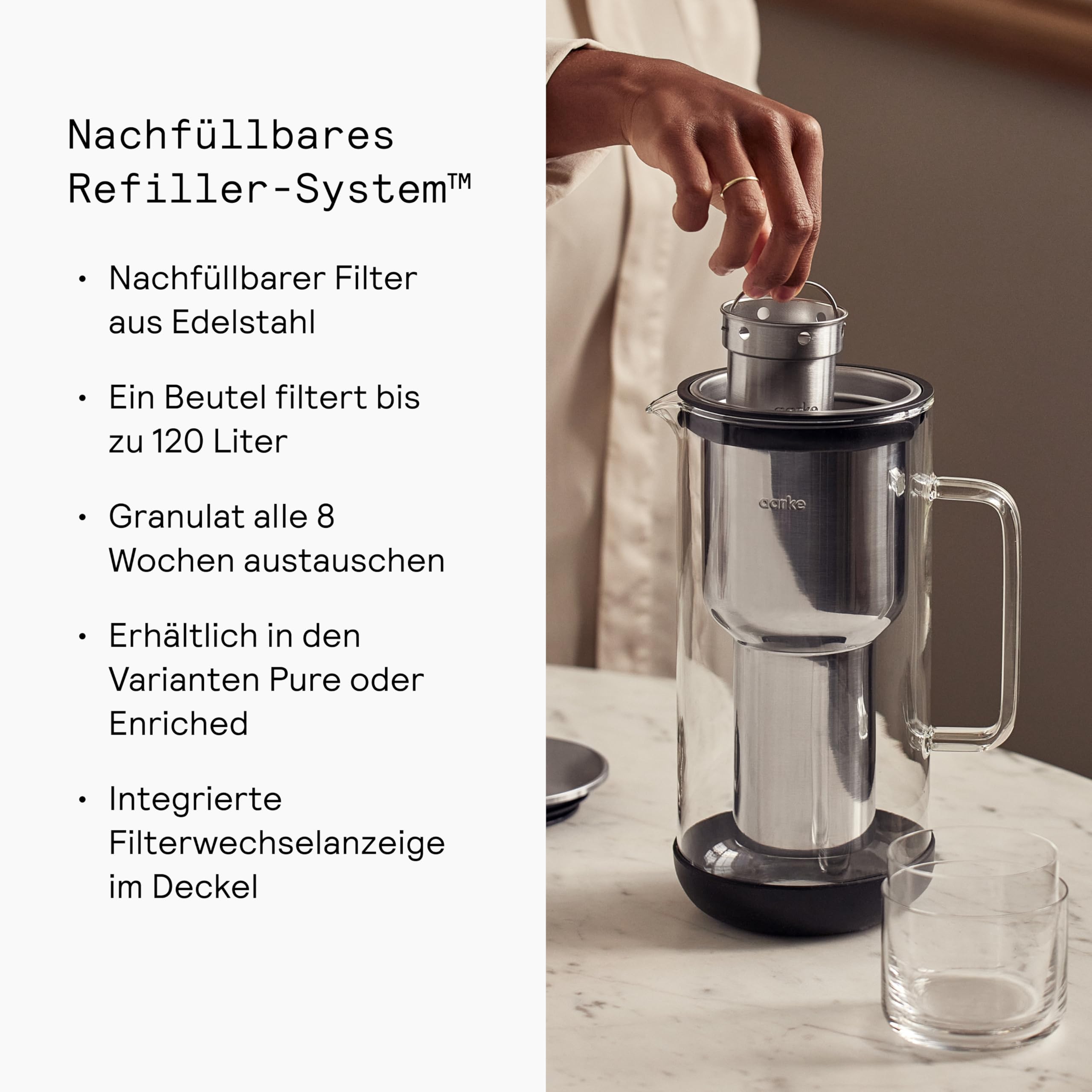 Aarke Purifier Wasserfilterkanne 1,2 L / 5 Tassen Glas & Edelstahl – inklusive Pure Filter-Nachfüllbeutel