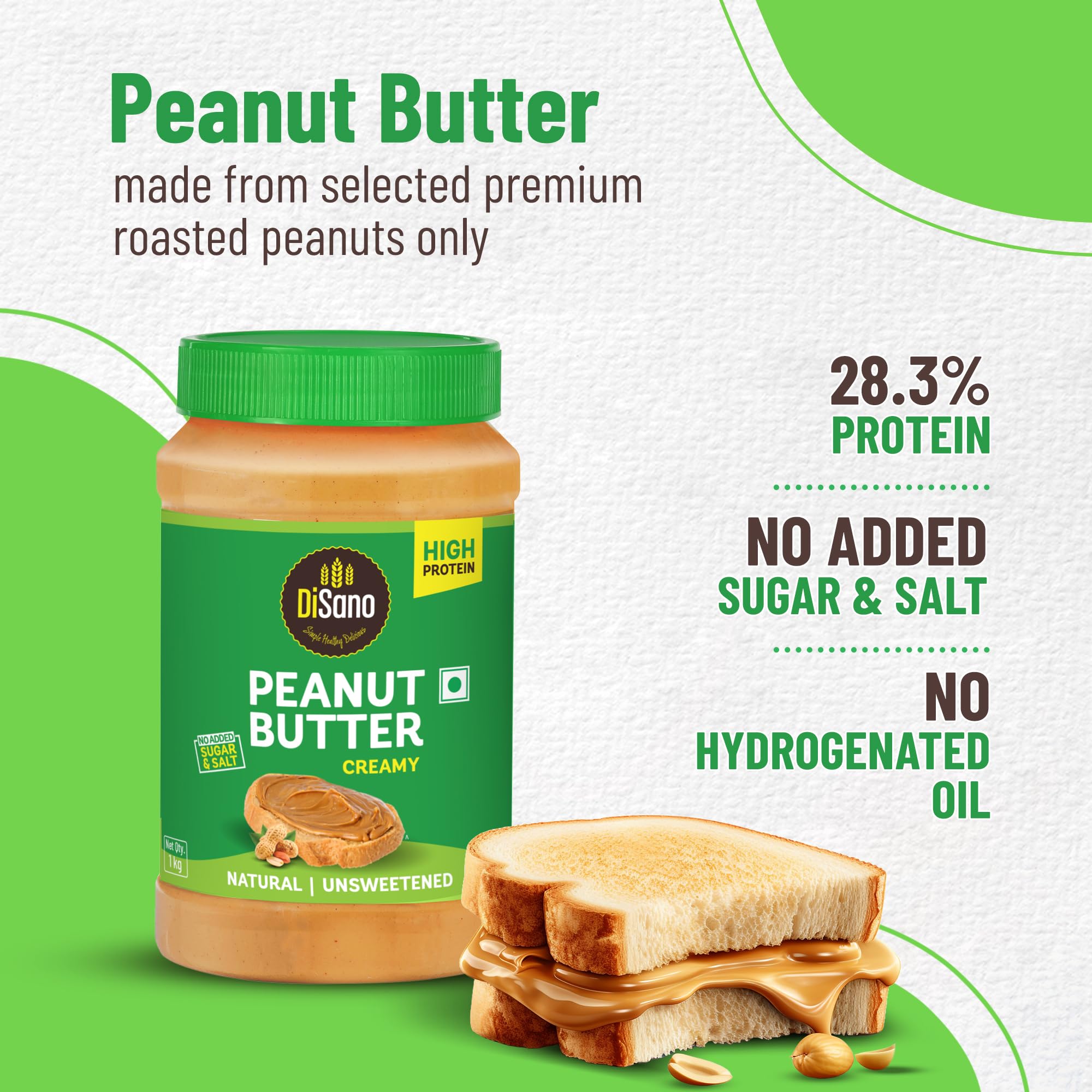 DiSano Natural Peanut Butter Creamy 1kg, Unsweetened, High Protein Peanut Butter with No Added Sugar or Salt, Nut Butter Spread, 100% Roasted Peanuts