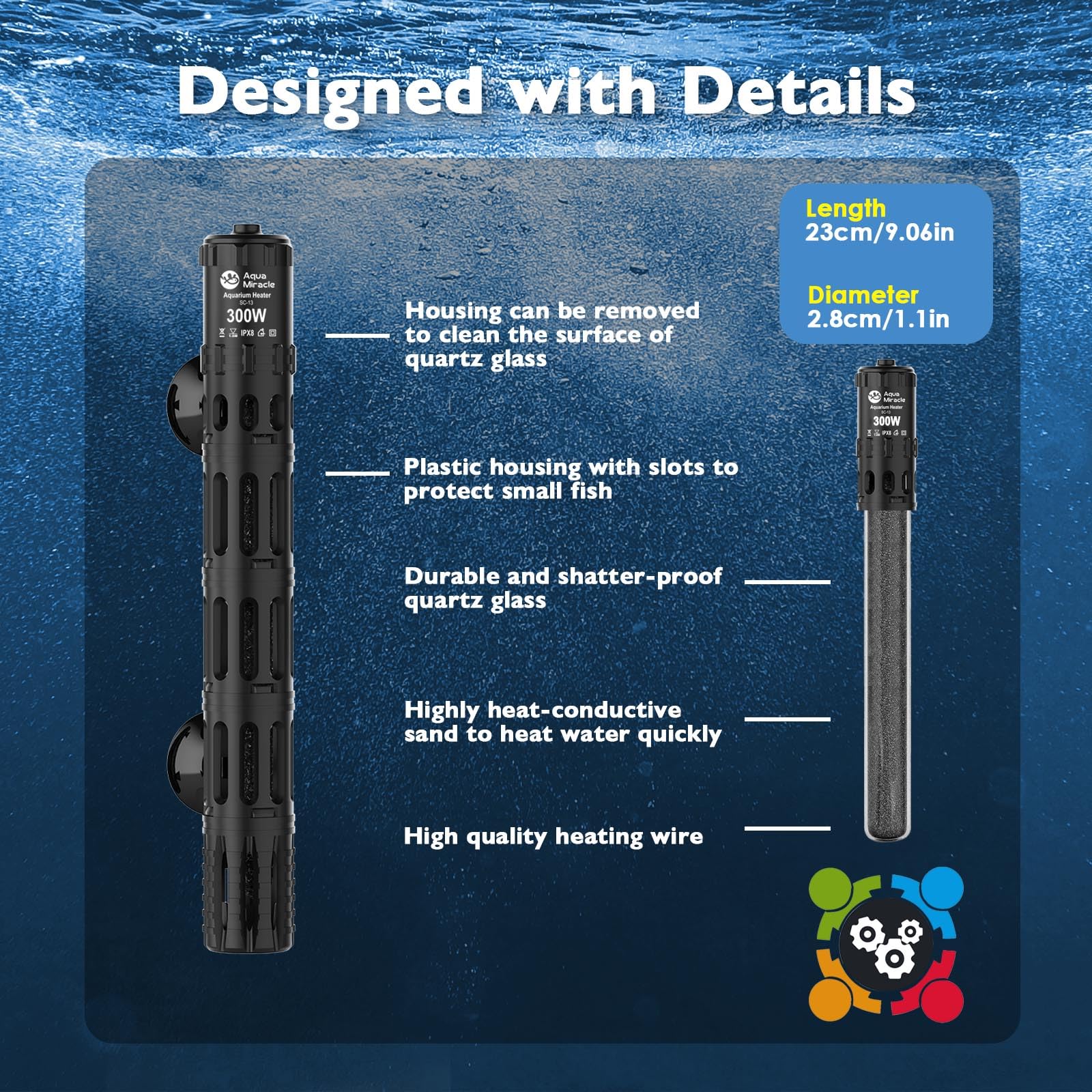 AquaMiracle Riscaldatore sommergibile per acquario, 300 W, con display digitale a LED della temperatura, spegnimento automatico a secco e protezione contro il surriscaldamento, per serbatoi d'acqua