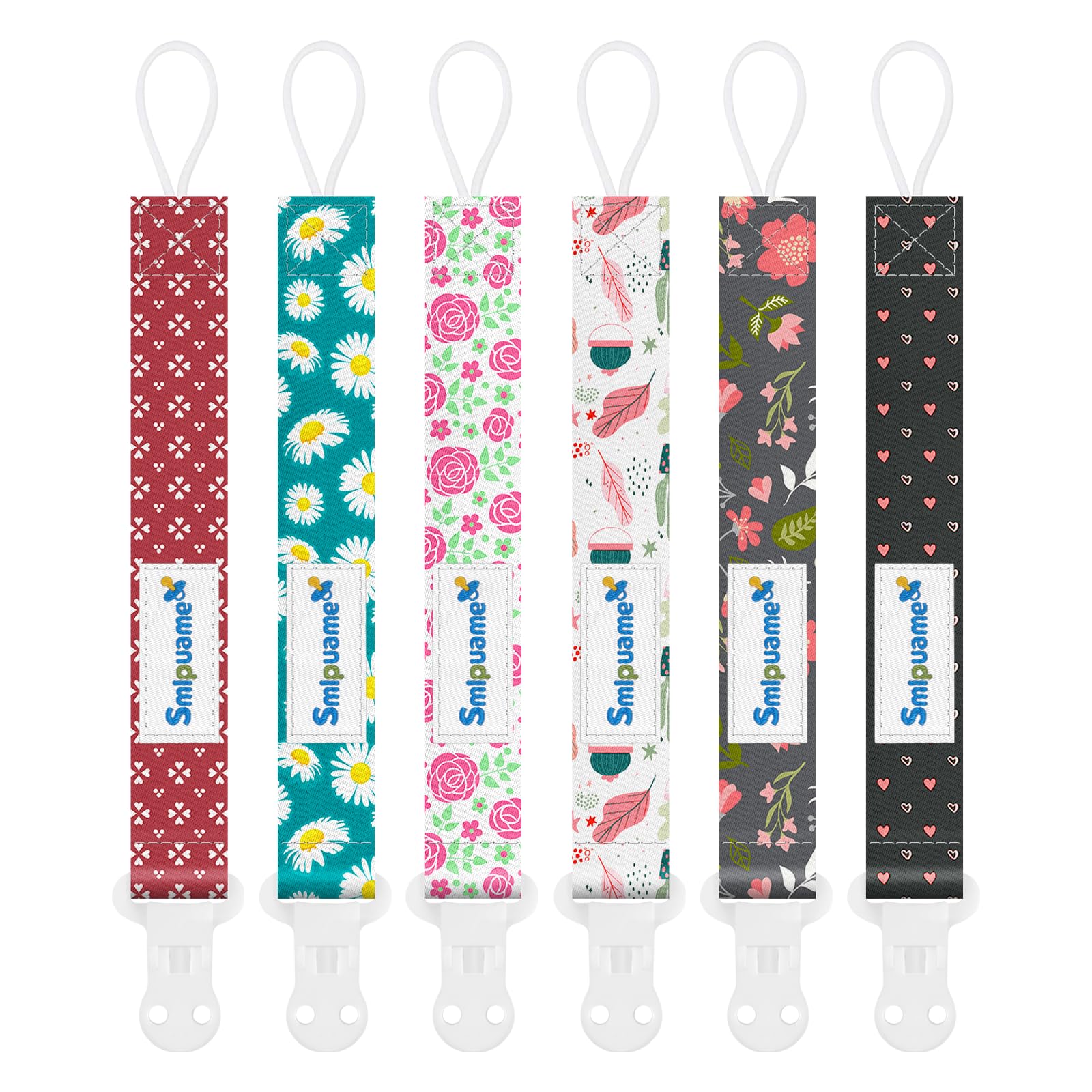 Smlpuame Baby Schnullerkette Mädchen,6 Stück BPA-Frei Schnullerband Stoff Mädchen,Schnuller Kette Nuckelkette Passen Die Meisten Schnuller und Beißspielzeug,Dummy Clips für Baby Geschenk(Blume)