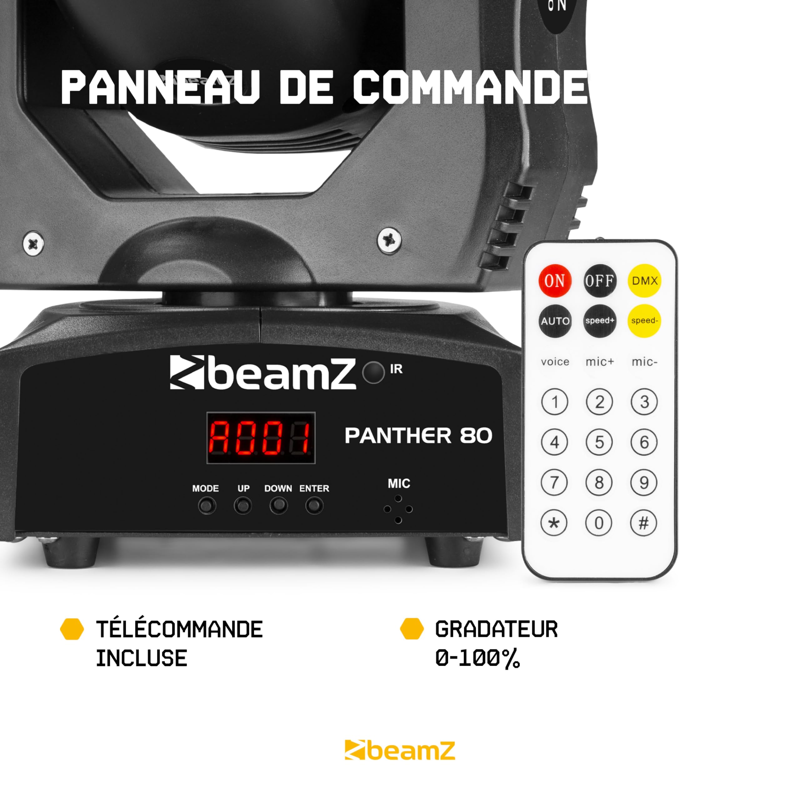 Beamz Panther 80 Lyre LED - 6x LED 12 Watts RGBW CREE, Mode DMX ou Stand Alone, Gestion Audio ou Auto, Fonction Maitre/Esclave, Shows Préprogrammés, Idéal DJ, Concert, Boite de Nuit