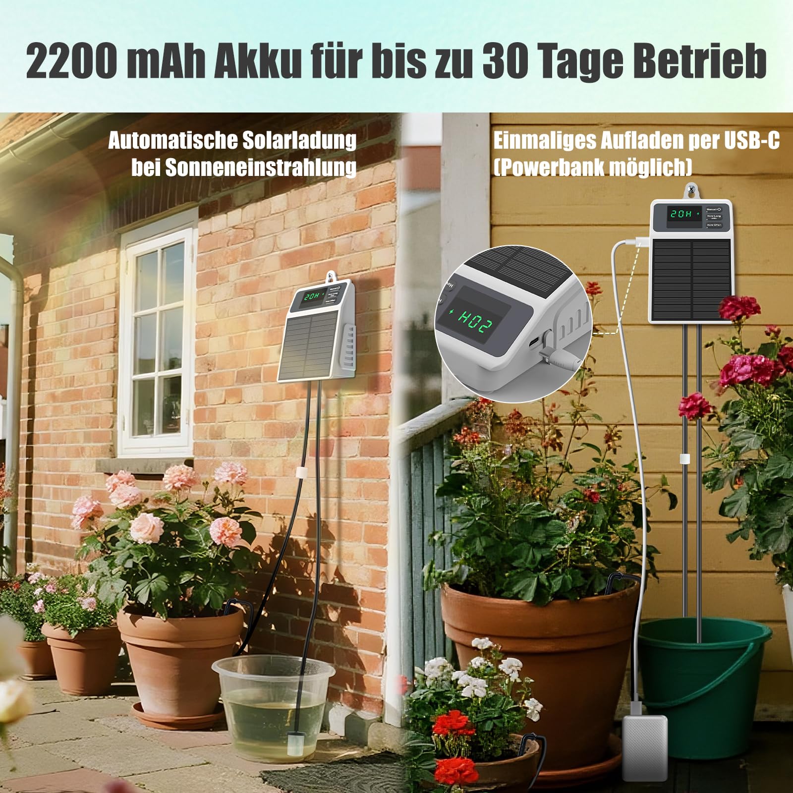 Uzoli SOP17 Solar Bewässerungssystem Garten mit 2200 mAh Akku | Automatische Tropfbewässerung mit 10m Schlauch • Einfach zu bedienen • Ideal für Balkon, Hochbeet, Gewächshaus, Topfpflanzen