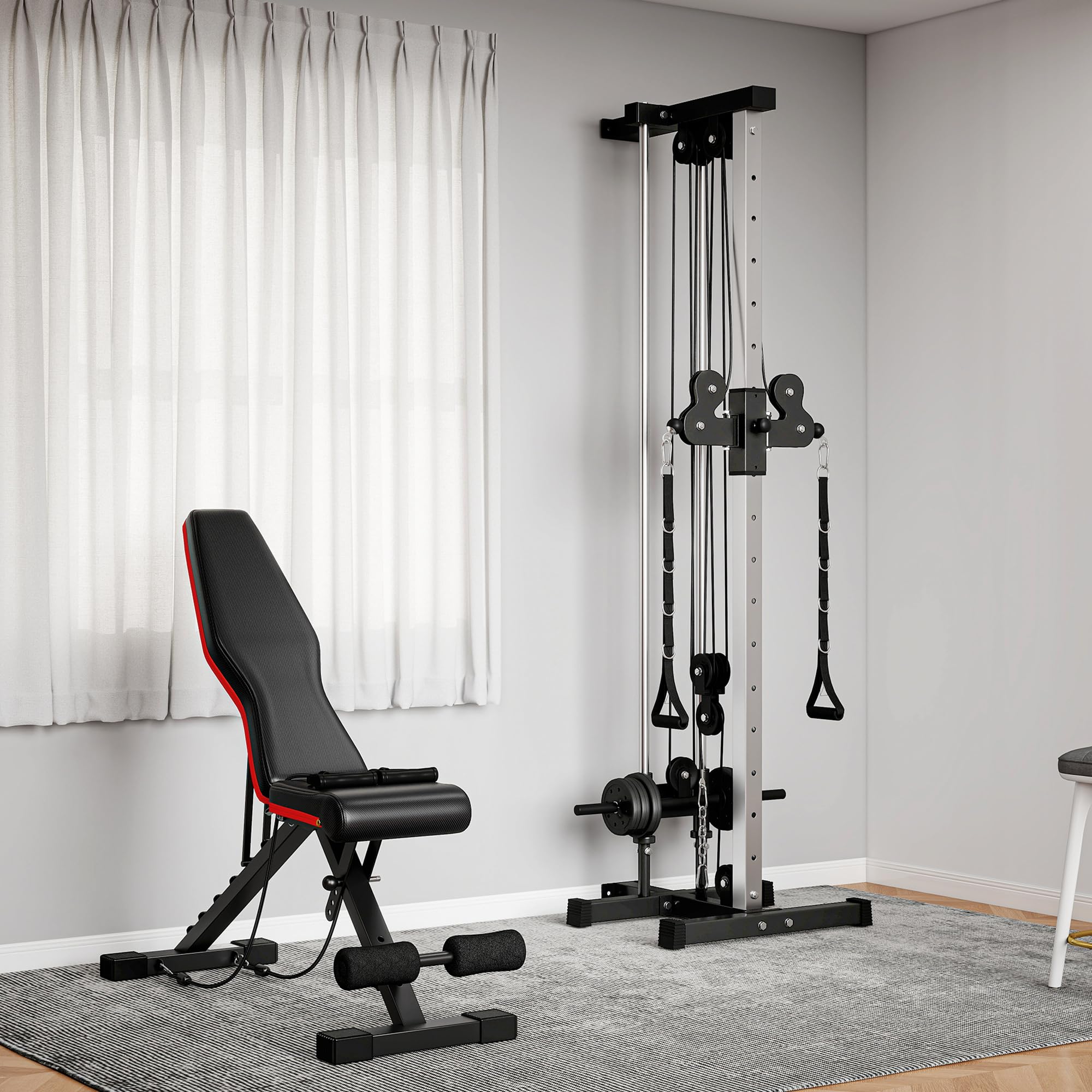 SPORTNOW Station à Poulie Murales 15 Positions + Banc de Musculation Pliable, Ensemble Gym Complet pour Haut du Corps et Abdos, avec Coussin Rembourré, 62x60x200cm, Noir