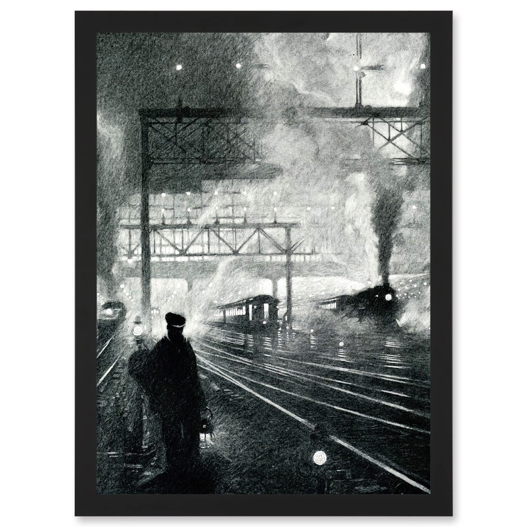 Artery8 Travel Railway Tracks 1912 Soot Steam Train Locomotive Drawing Moody Wall Art PrintA4 Size from B&Q
