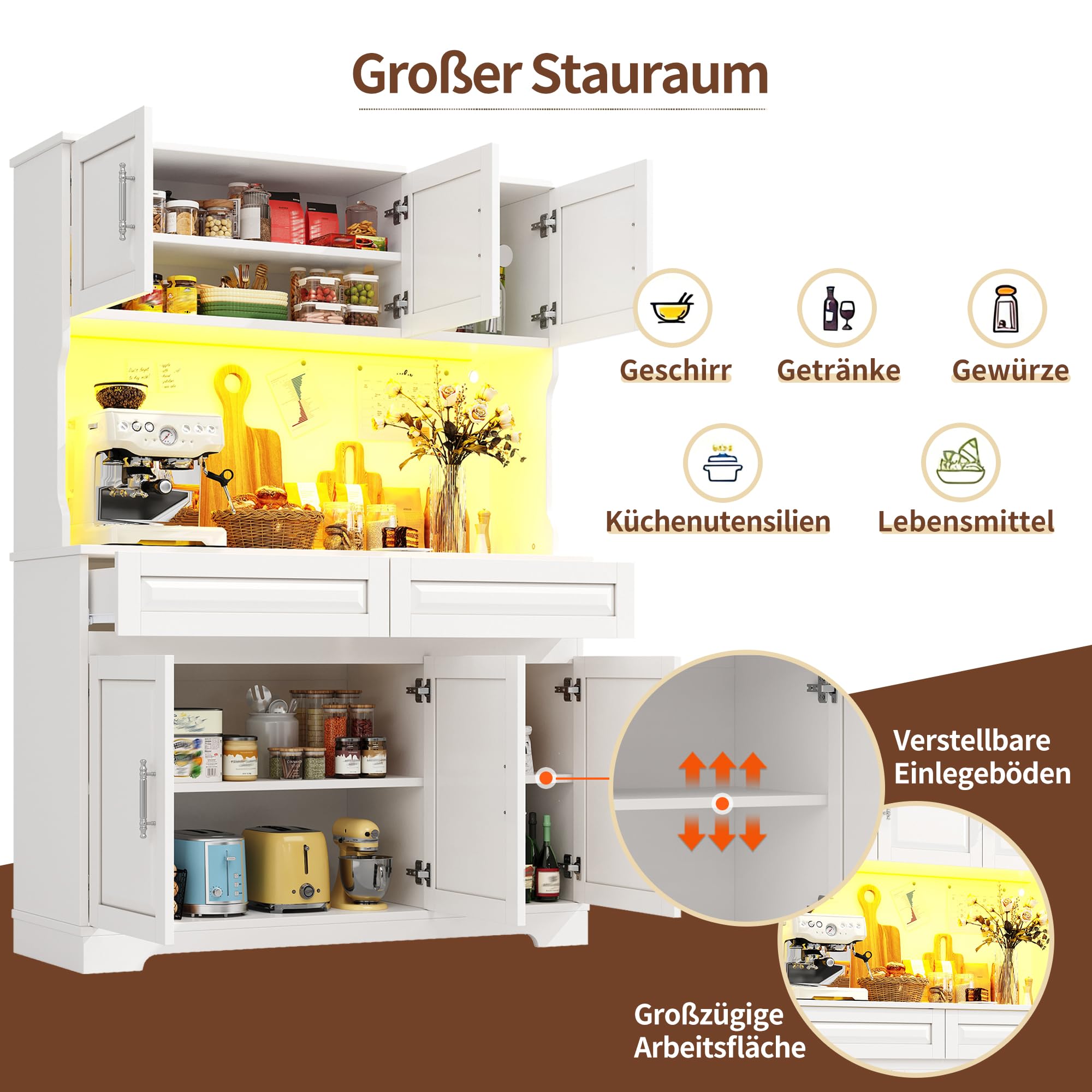 Kebnor Armadi da cucina (108 x 40 x 180 cm), mobile alto con controllo tramite app, ripiani regolabili con piano di lavoro, per cucina, sala da pranzo, credenze con illuminazione a LED (bianco)