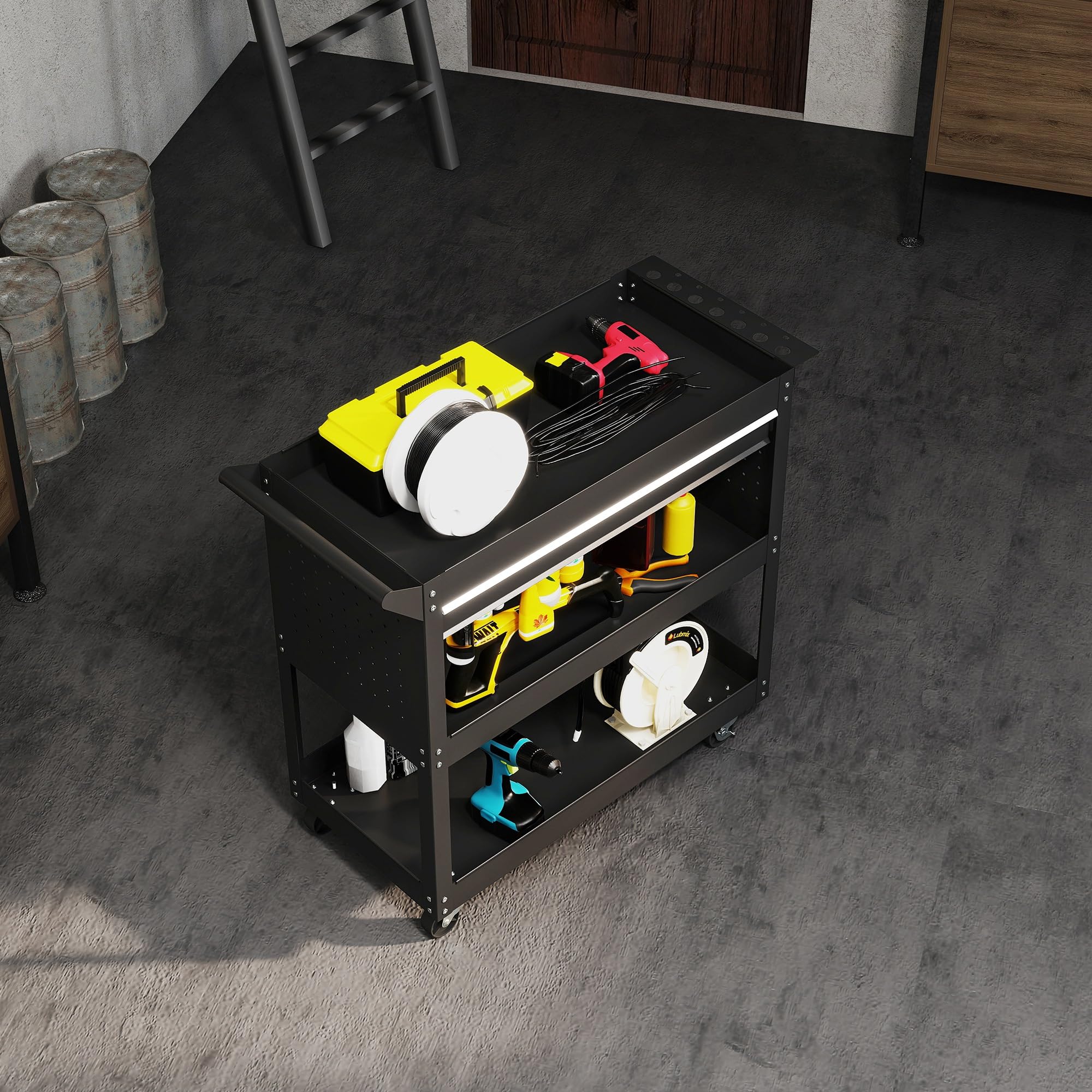 DURHAND - Carro de taller para taller de 3 niveles con cajón, portaherramientas lateral y asa, sirve taller para garaje, almacén, herramientas de bricolaje, 82 x 35 x 76 cm, color negro