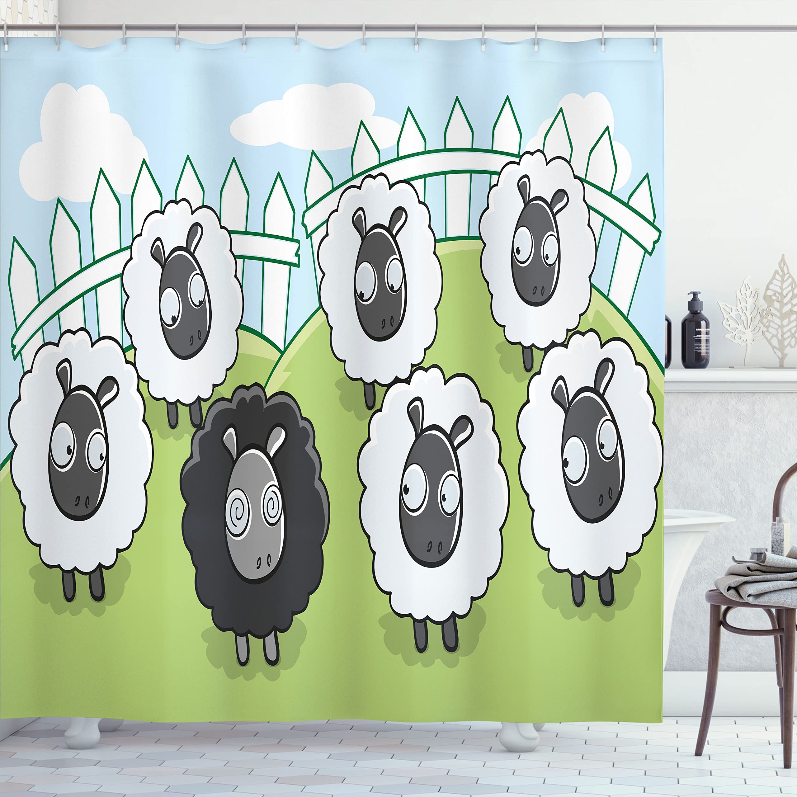 Ambesonne Cartoon Shower Curtain, Composition of Farm Animals Dark Color Sheep Surrounded by White Sheep Pattern, Cloth Fabric Bathroom Decor Set with Hooks, 69