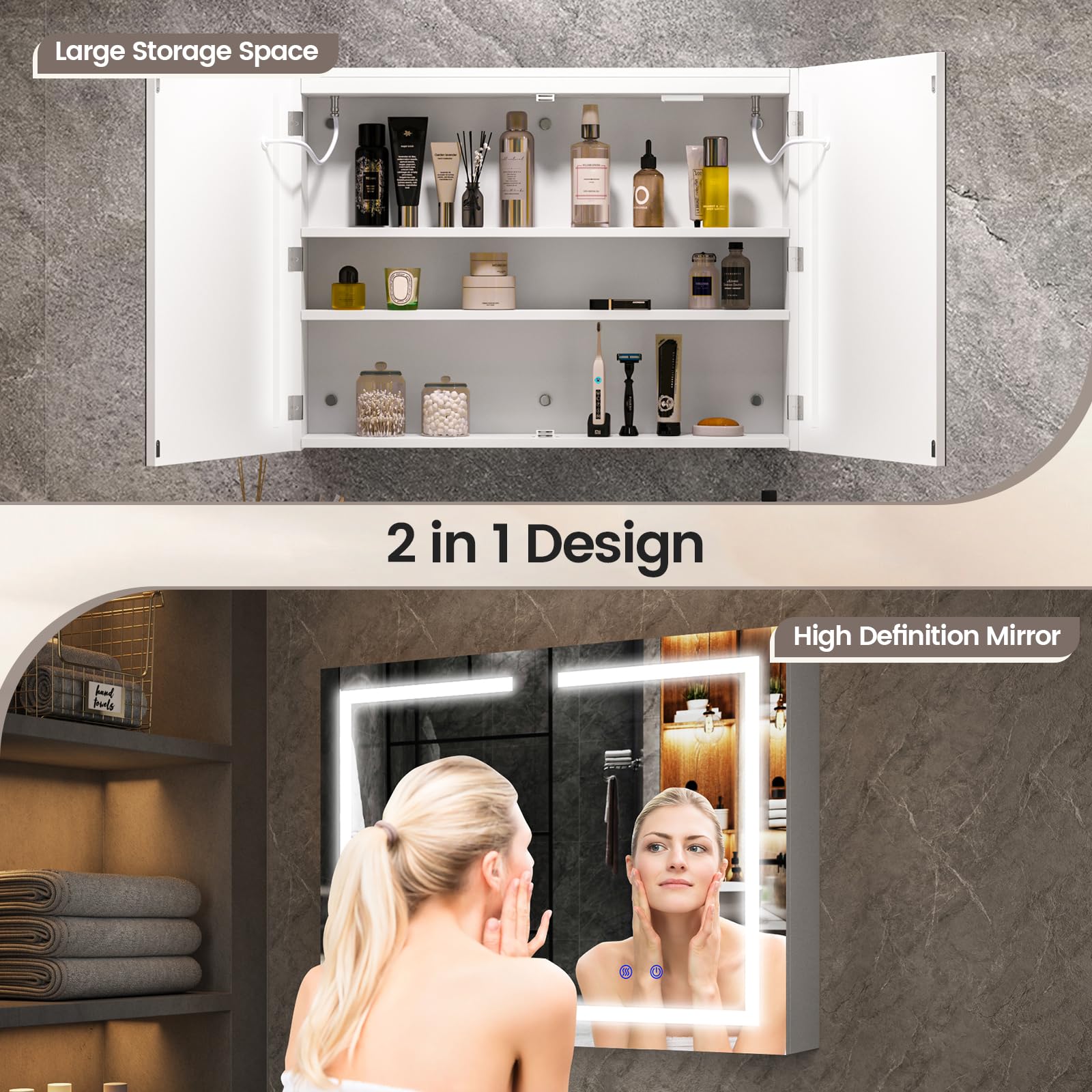 Espejo de baño LED, 800 x 600 mm, antivaho, regulable, espejo de maquillaje de 3 colores, montado en la pared, con luces y enchufe para afeitadora, 60 x 80 cm